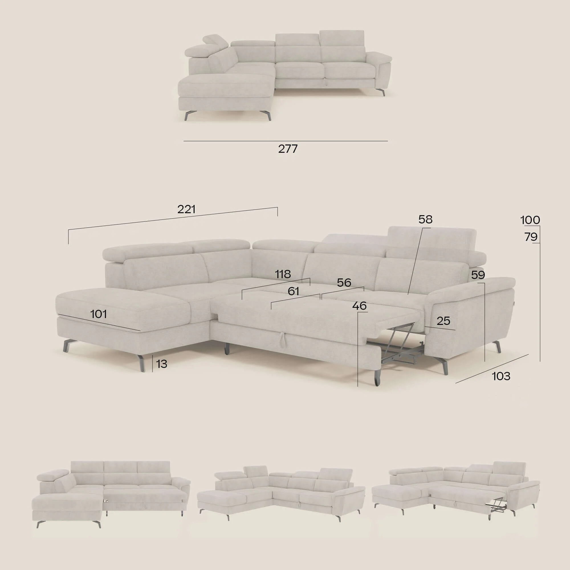 Estro Canapé d'angle extractible - têtières inclinables en tissu imperméable T14 taupe - Image 13