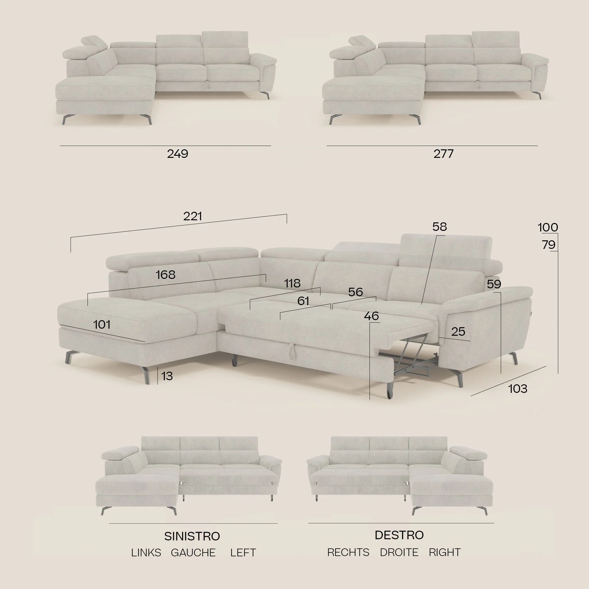 Estro Canapé d'angle extractible - têtières inclinables en tissu imperméable T14 beige - Image 15