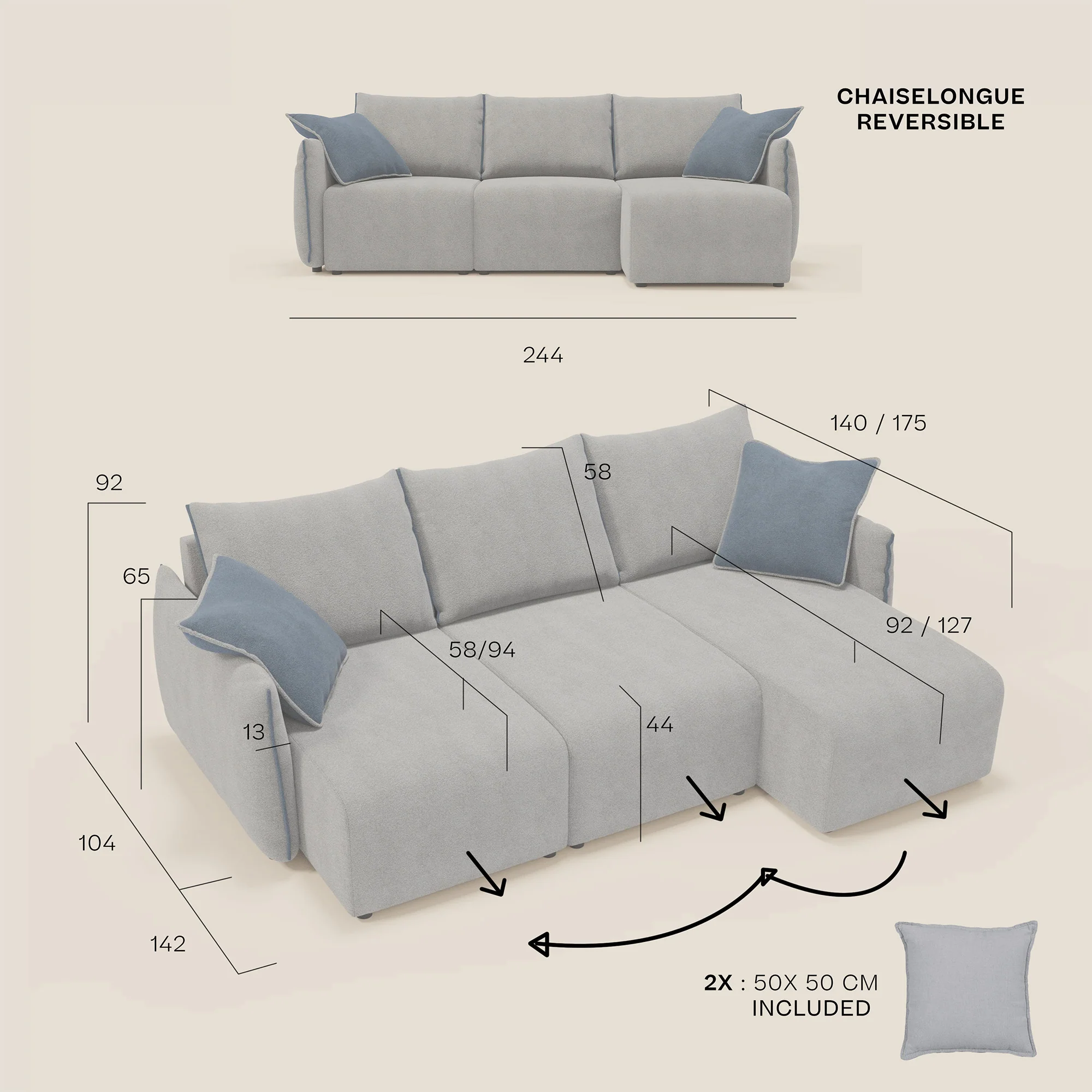 Flexar Canapé d'angle réversible avec assises coulissantes en bouclette douce imperméable T07 - Image 13