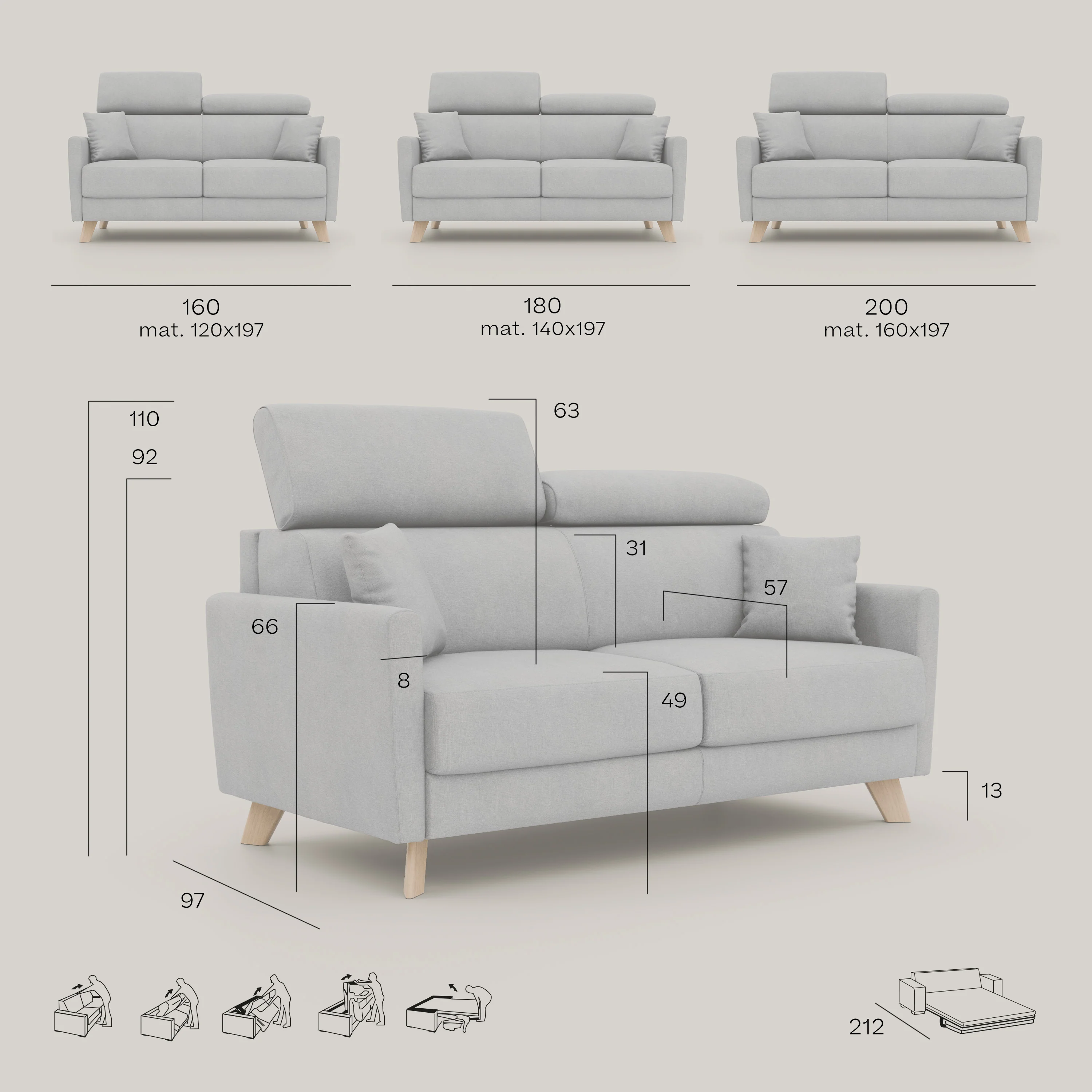 Francy canapé convertible avec têtières réglables en tissu détachable T17 noir - Image 11