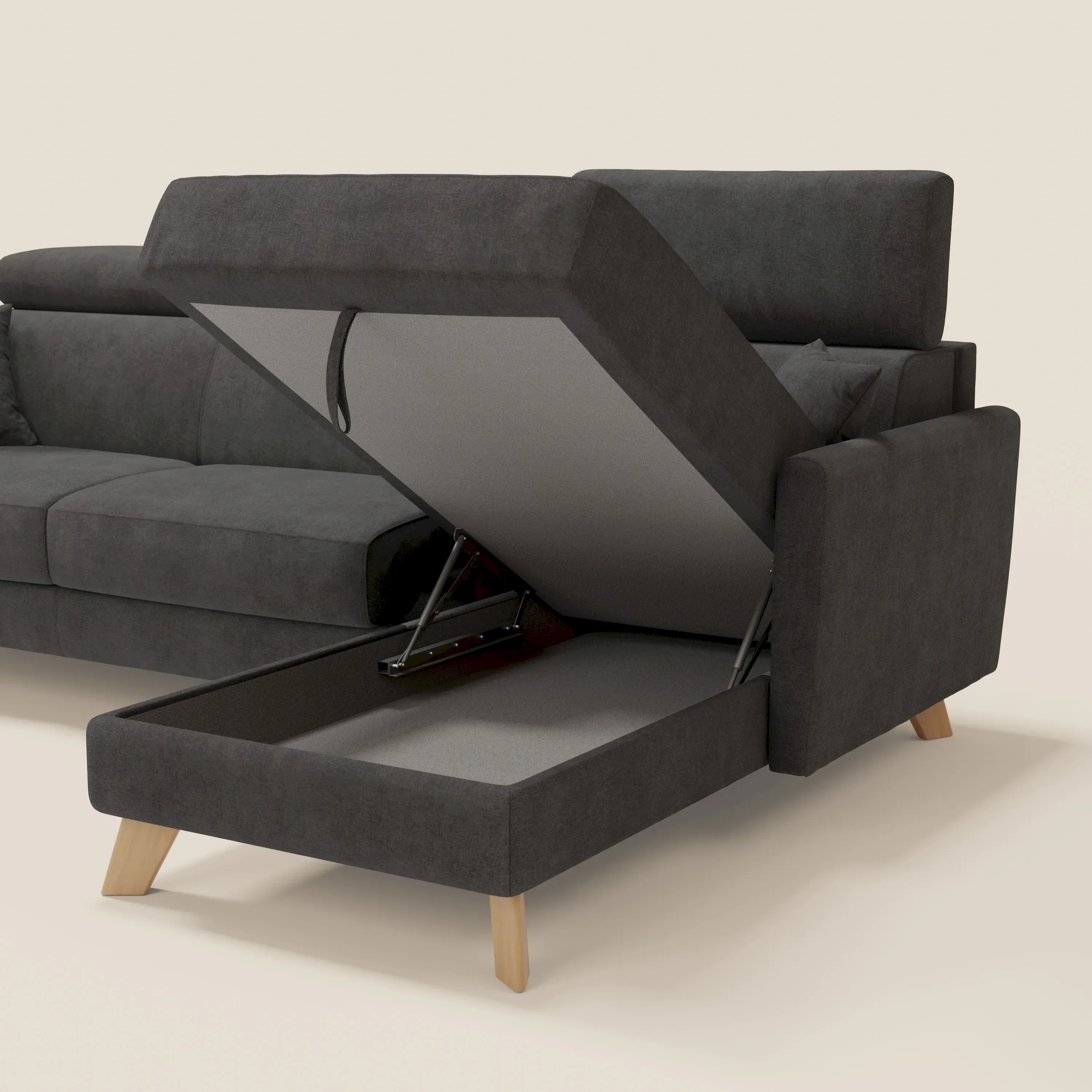 Francy  canapé d'angle convertible déhoussable - méridienne avec coffre et têtières inclinables en tissu détachable T17 anthracite - Image 7