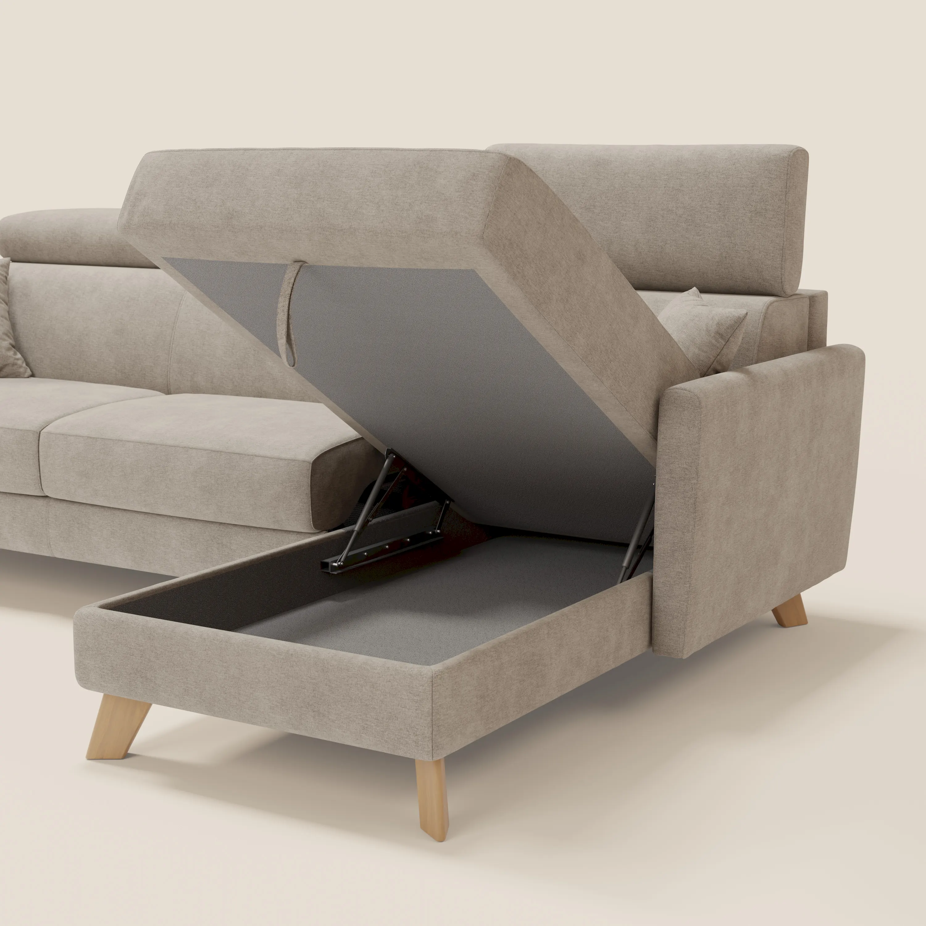 Francy canapé d'angle convertible déhoussable - méridienne avec coffre et têtières inclinables en tissu détachable T17 beige - Image 7