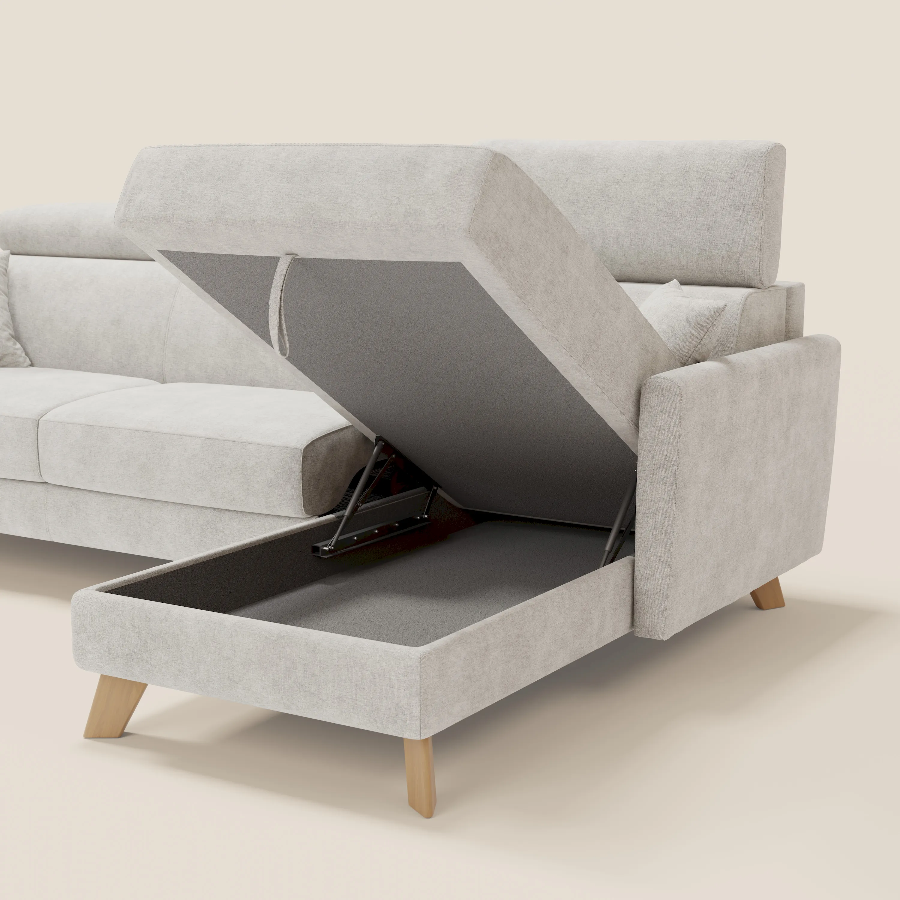 Francy Canapé d'angle convertible déhoussable - méridienne avec coffre et têtières inclinables en tissu détachable T17 blanc - Image 7