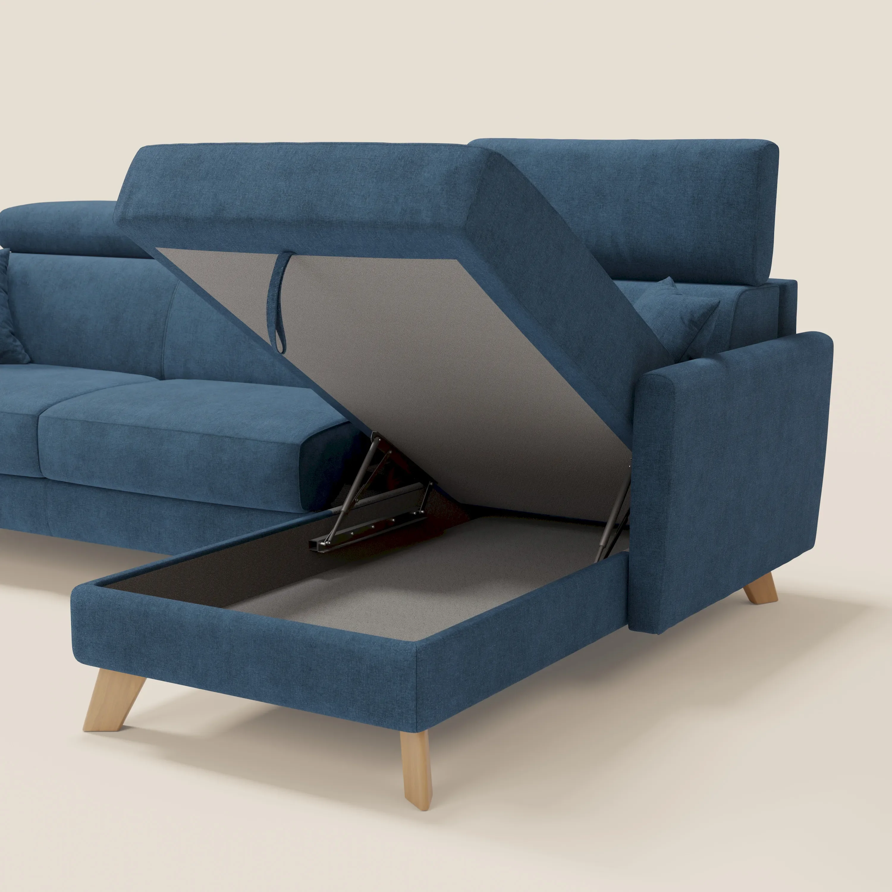 Francy canapé d'angle convertible déhoussable - méridienne avec coffre et têtières inclinables en tissu détachable T17 bleu - Image 7