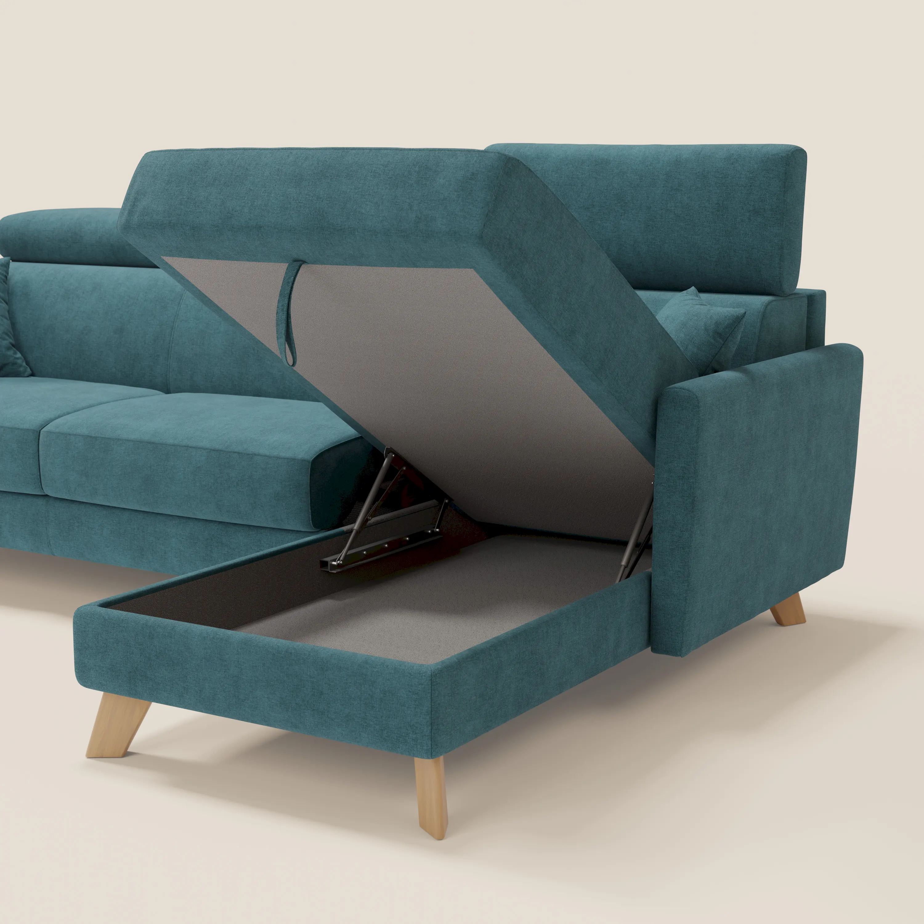 Francy canapé d'angle convertible déhoussable - méridienne avec coffre et têtières inclinables en tissu détachable T17 bleu canard - Image 7