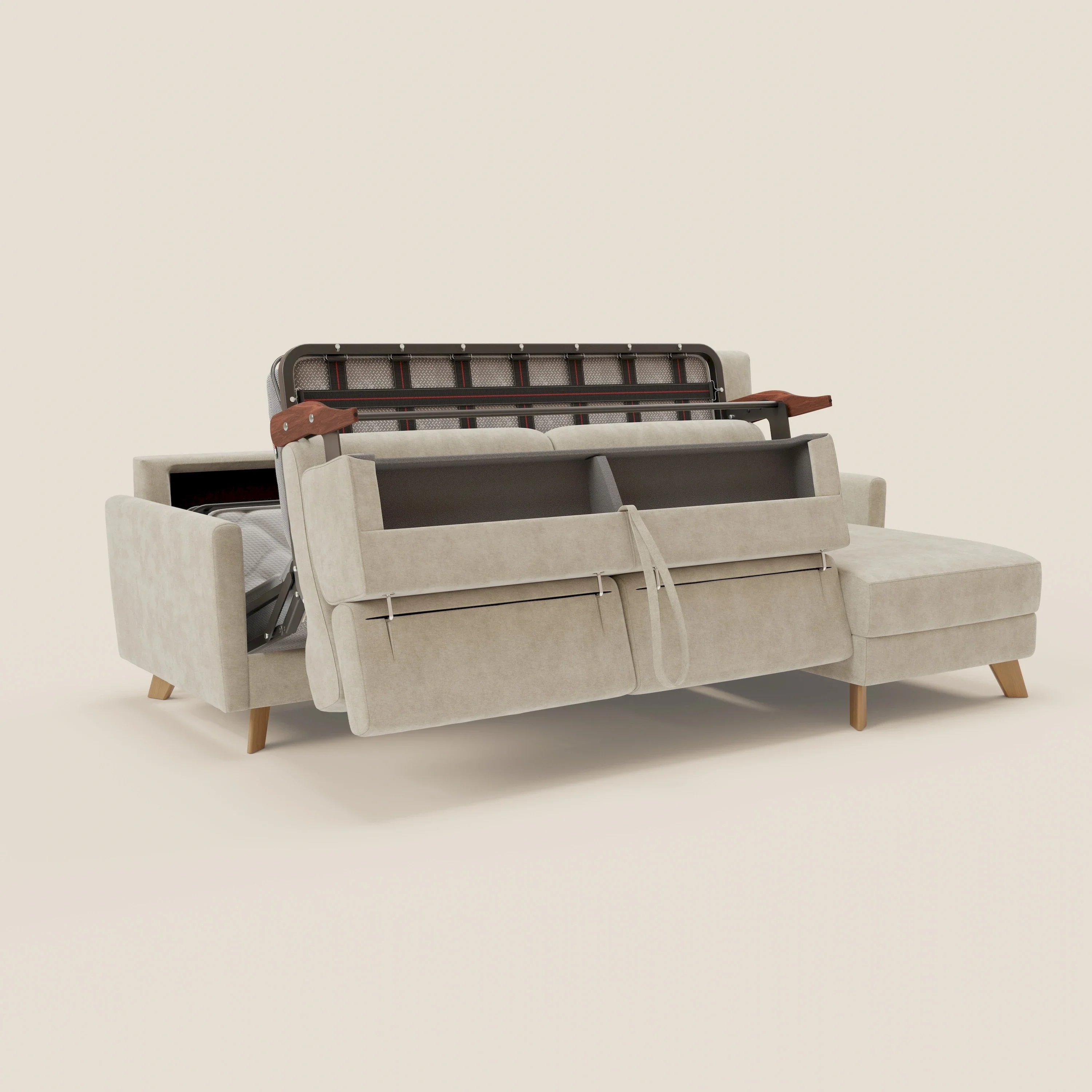 Francy canapé d'angle convertible déhoussable - méridienne avec coffre et têtières inclinables en tissu détachable T17 crème - Image 10