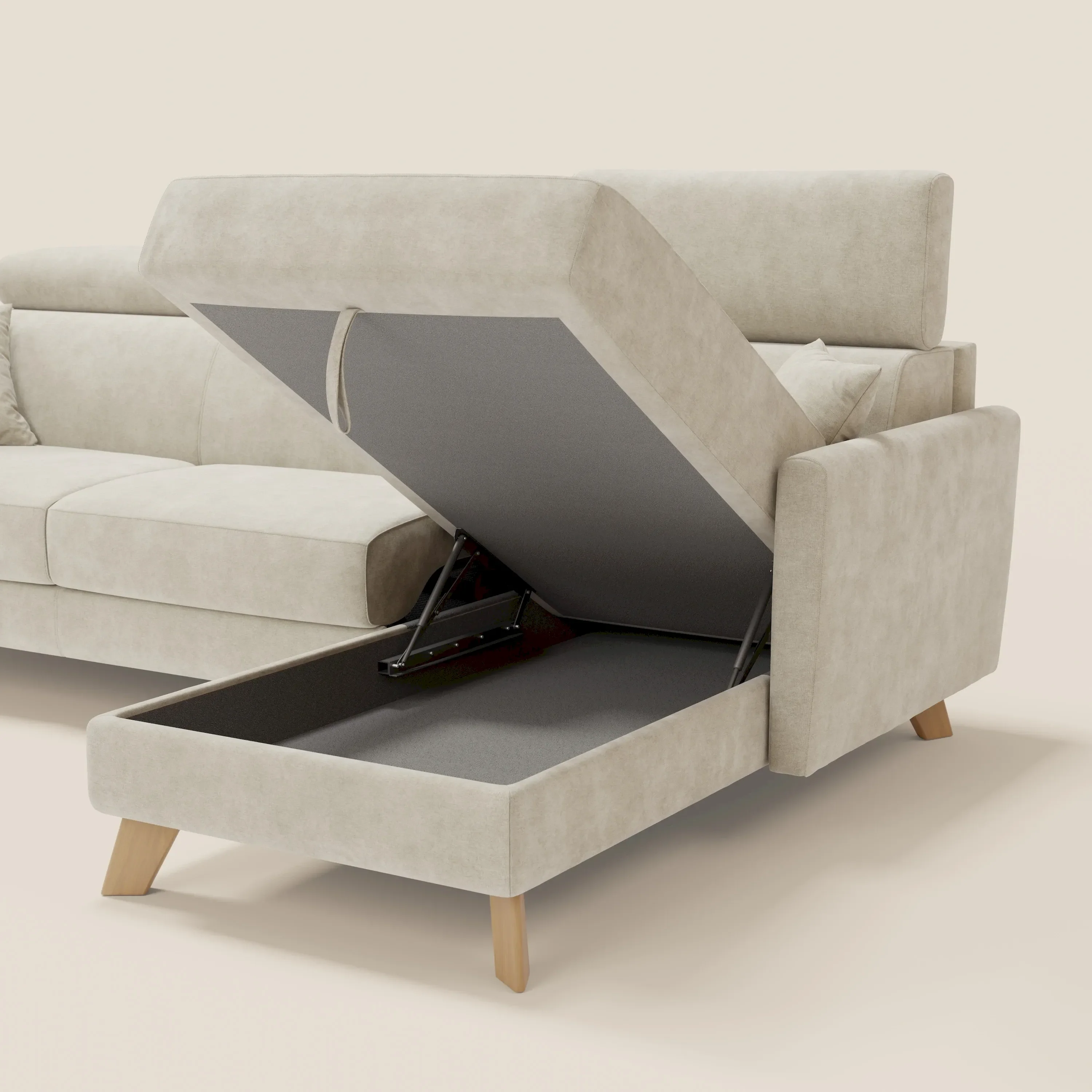 Francy canapé d'angle convertible déhoussable - méridienne avec coffre et têtières inclinables en tissu détachable T17 crème - Image 7