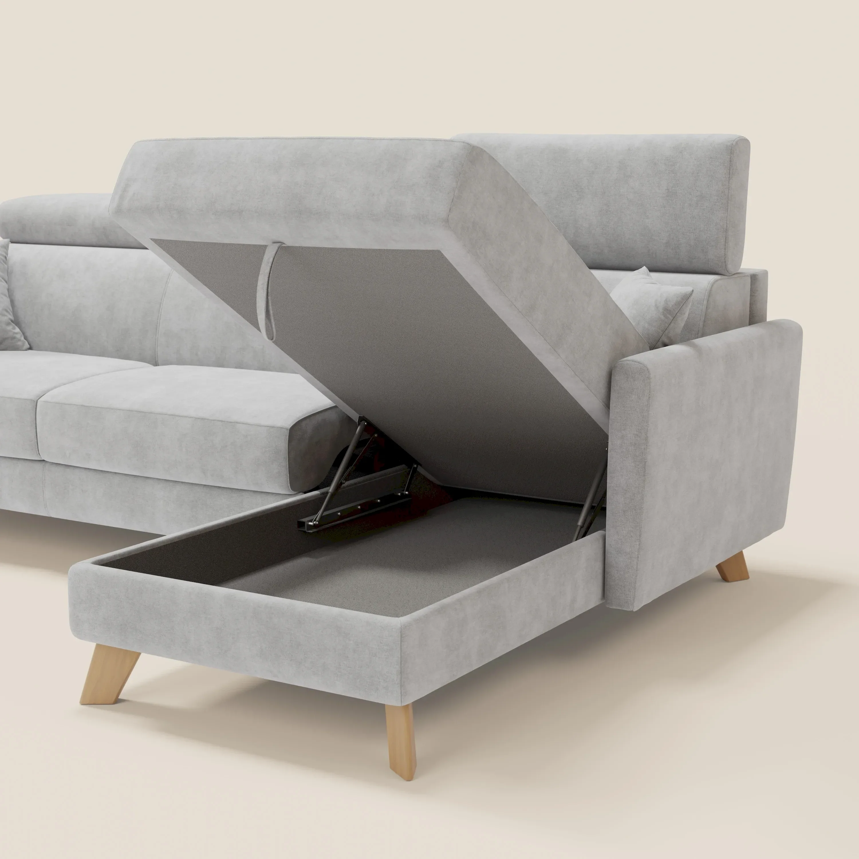 Francy canapé d'angle convertible déhoussable - méridienne avec coffre et têtières inclinables en tissu détachable T17 gris - Image 7
