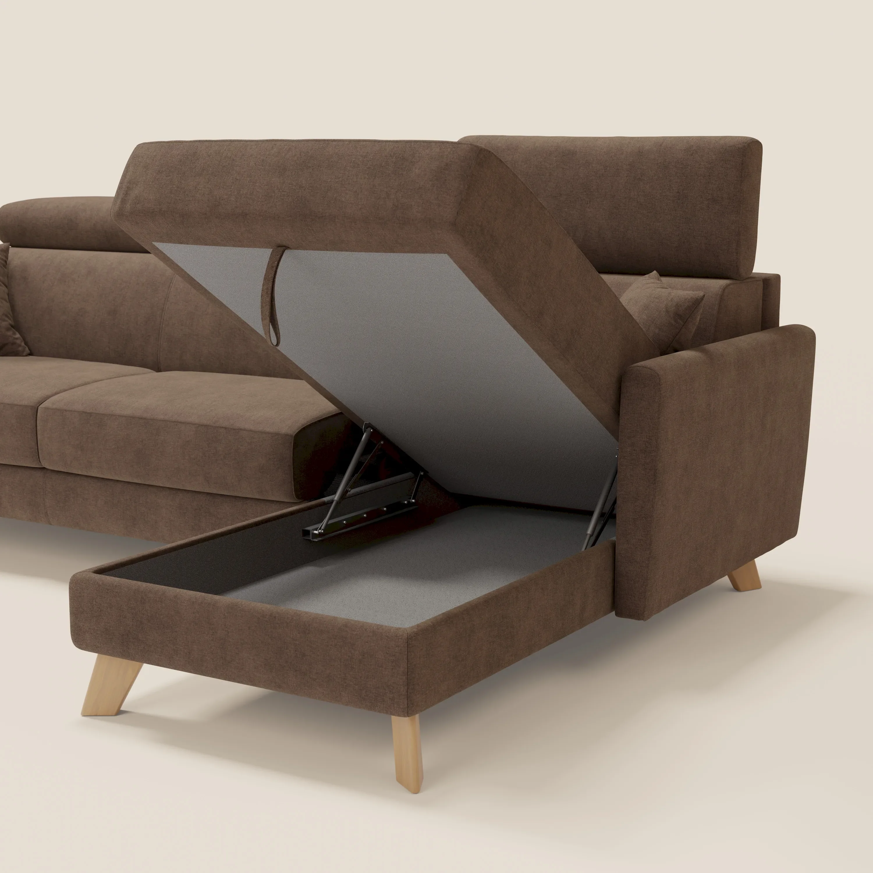 Francy canapé d'angle convertible déhoussable - méridienne avec coffre et têtières inclinables en tissu détachable T17 marron - Image 7