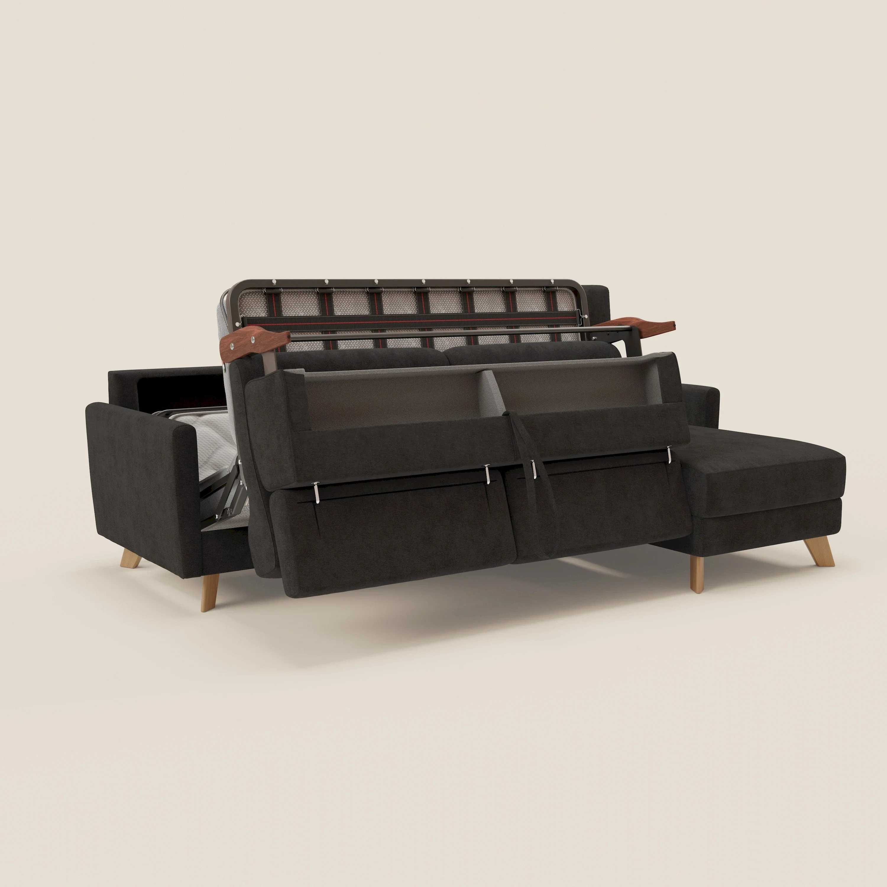Francy canapé d'angle convertible déhoussable - méridienne avec coffre et têtières inclinables en tissu détachable T17 noir - Image 10