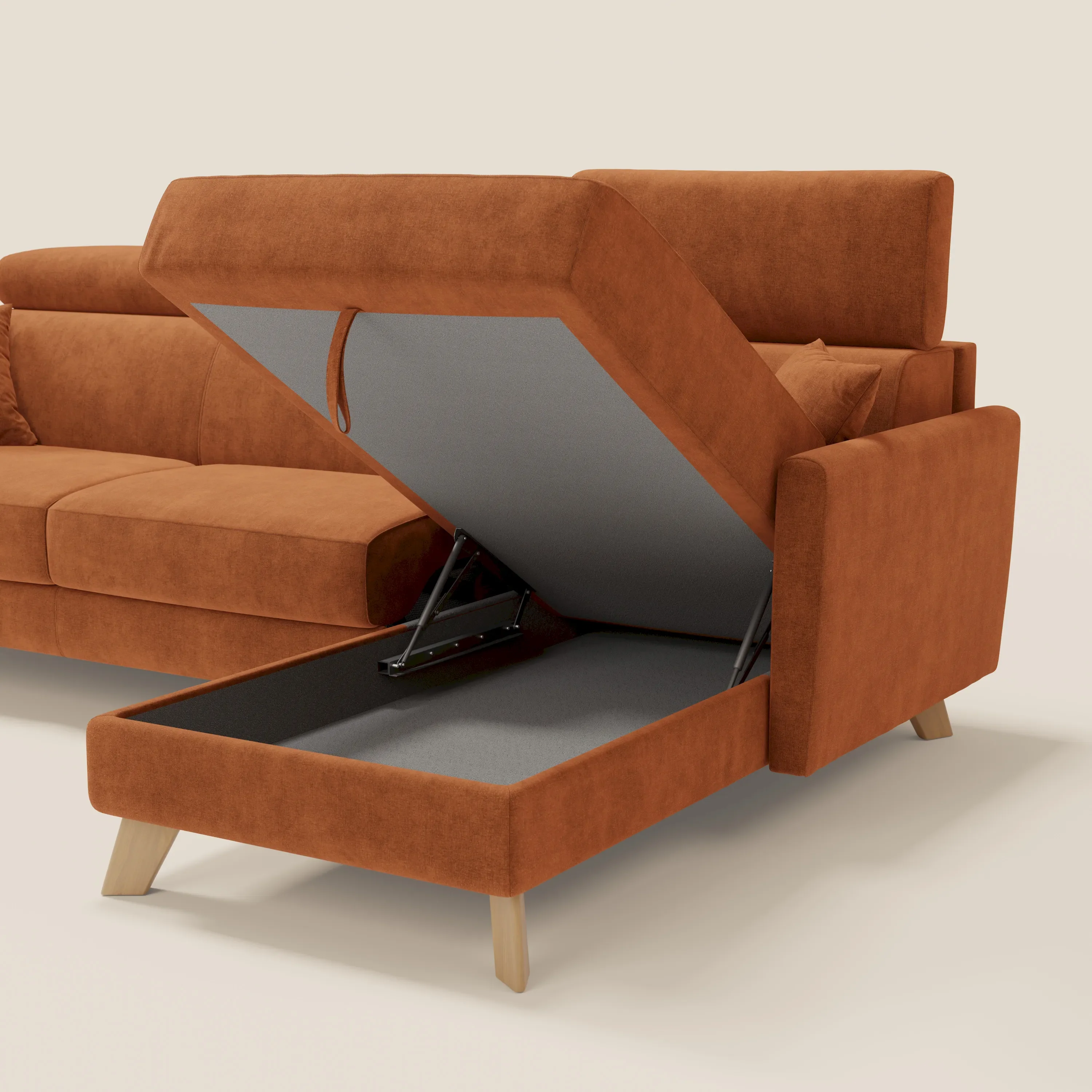 Francy canapé d'angle convertible déhoussable - méridienne avec coffre et têtières inclinables en tissu détachable T17 orange - Image 7