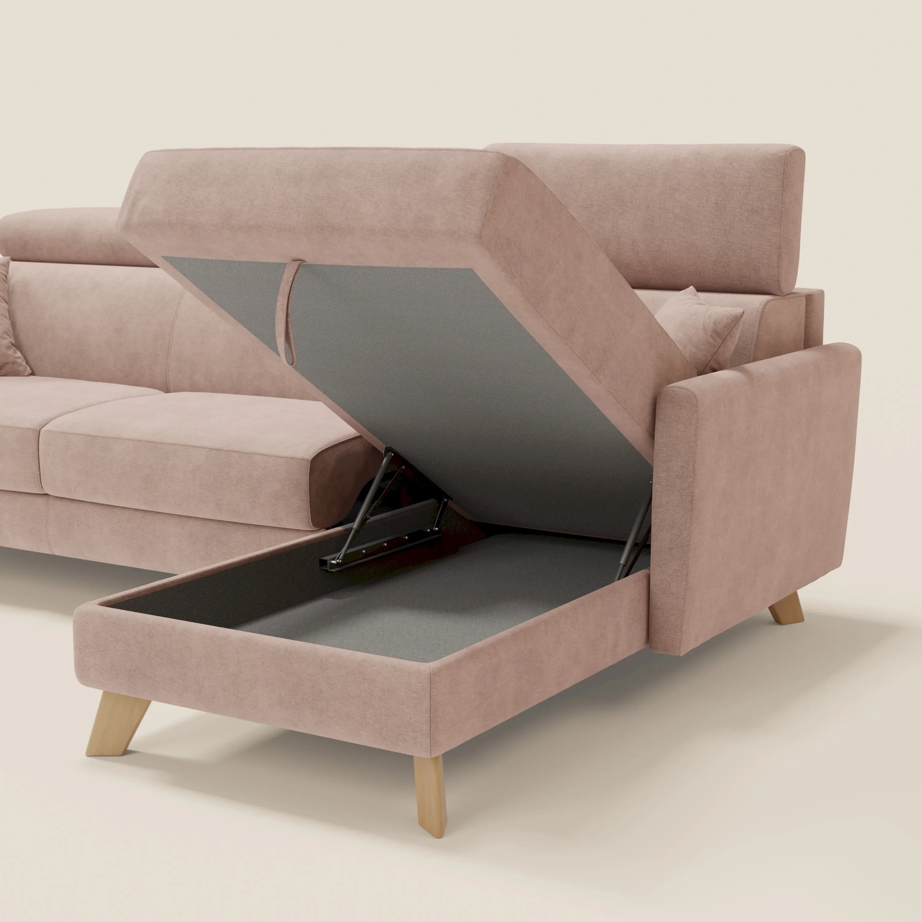Francy canapé d'angle convertible déhoussable - méridienne avec coffre et têtières inclinables en tissu détachable T17 rose - Image 7