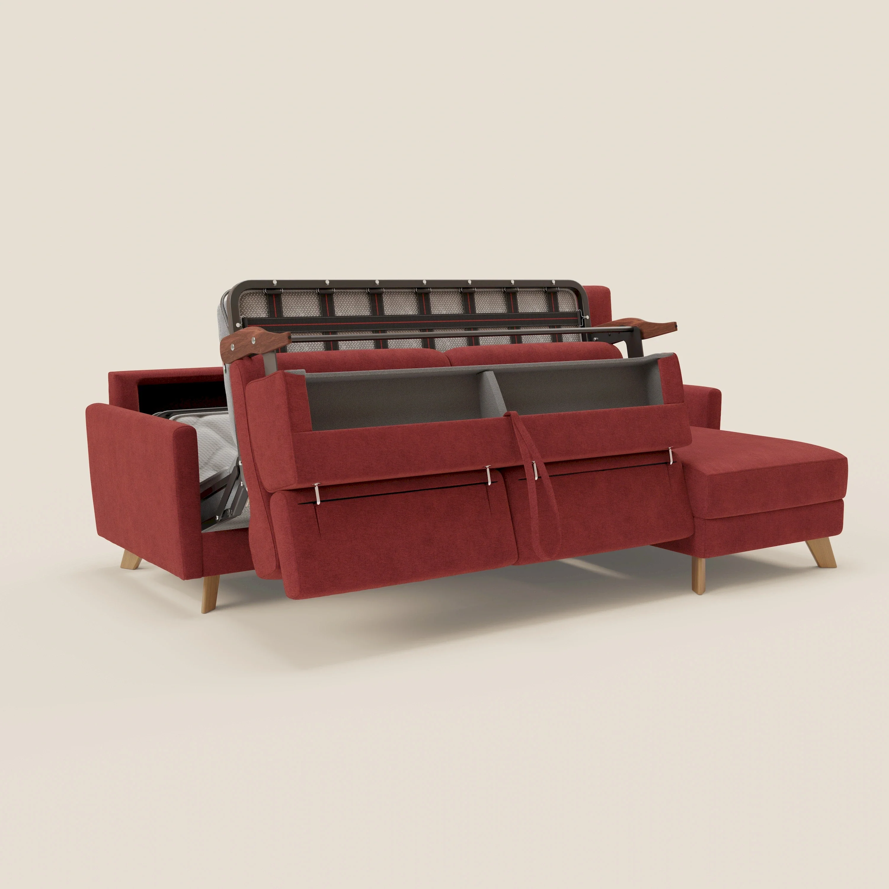 Francy canapé d'angle convertible déhoussable - méridienne avec coffre et têtières inclinables en tissu détachable T17 rouge - Image 10