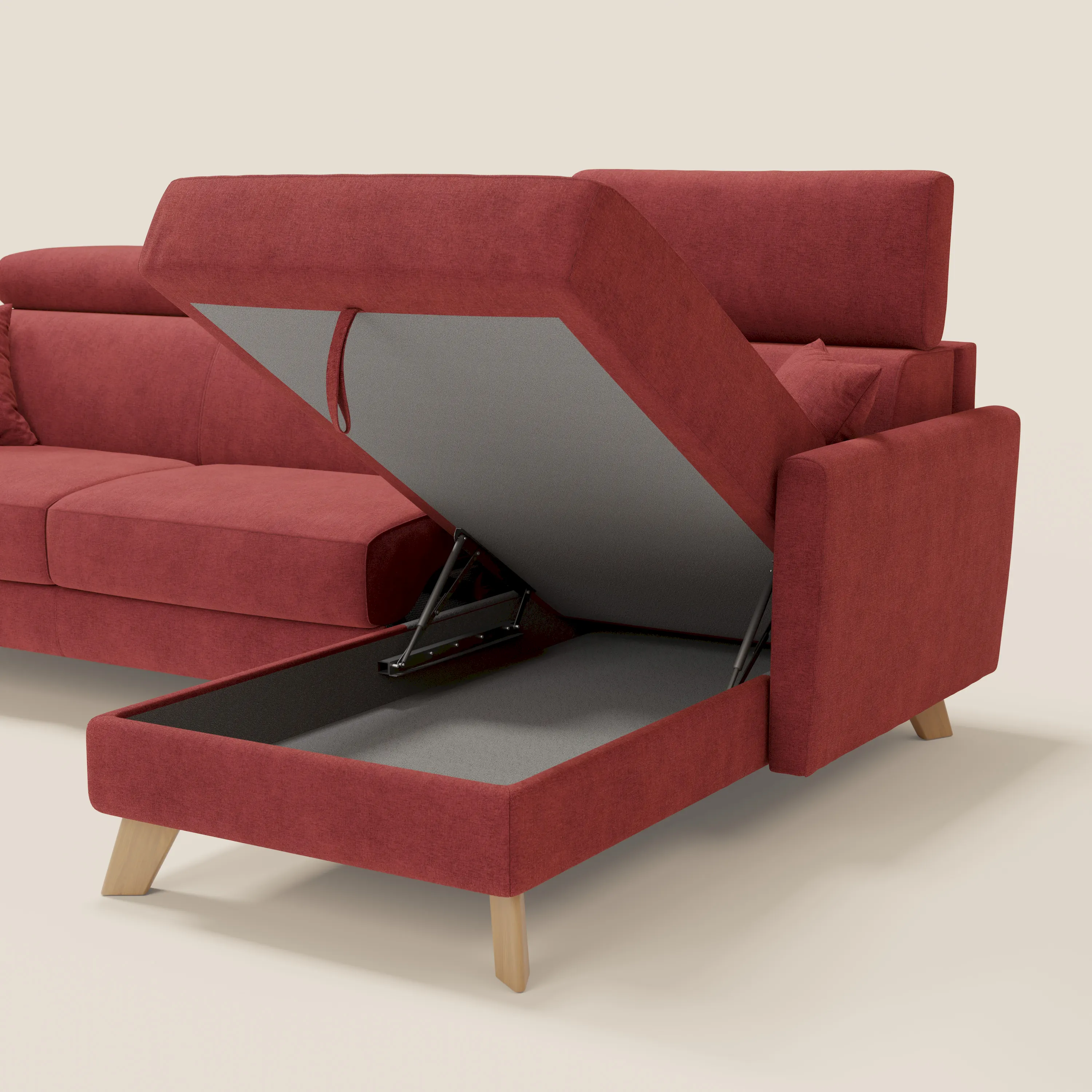 Francy canapé d'angle convertible déhoussable - méridienne avec coffre et têtières inclinables en tissu détachable T17 rouge - Image 7