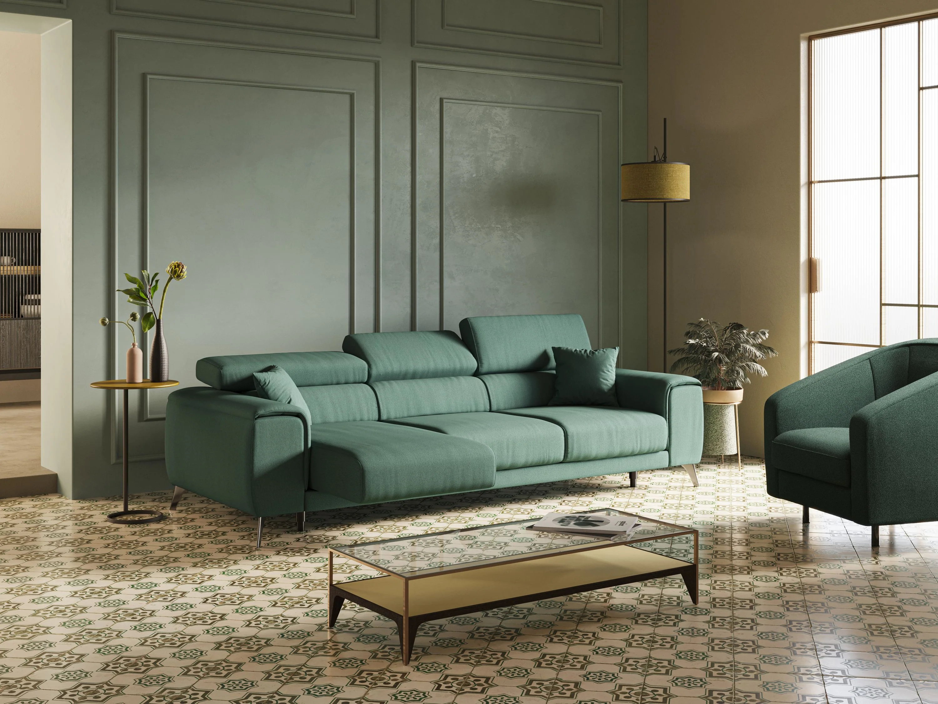 Fusion Canapé avec 3 assises coulissantes en tissu doux antitache T05 vert - Image 2