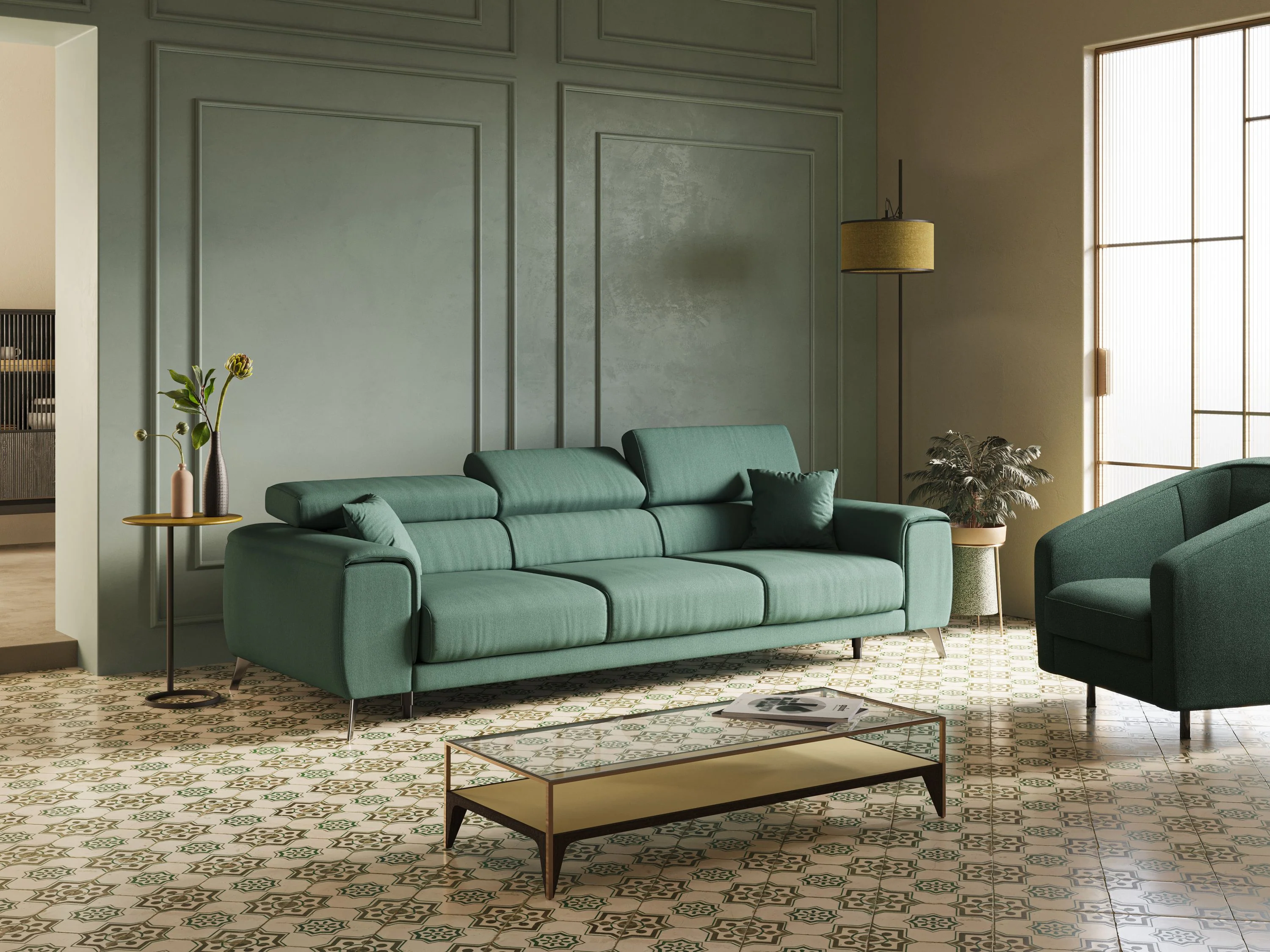 Fusion Canapé avec 3 assises coulissantes en tissu doux antitache T05 vert - Image 3