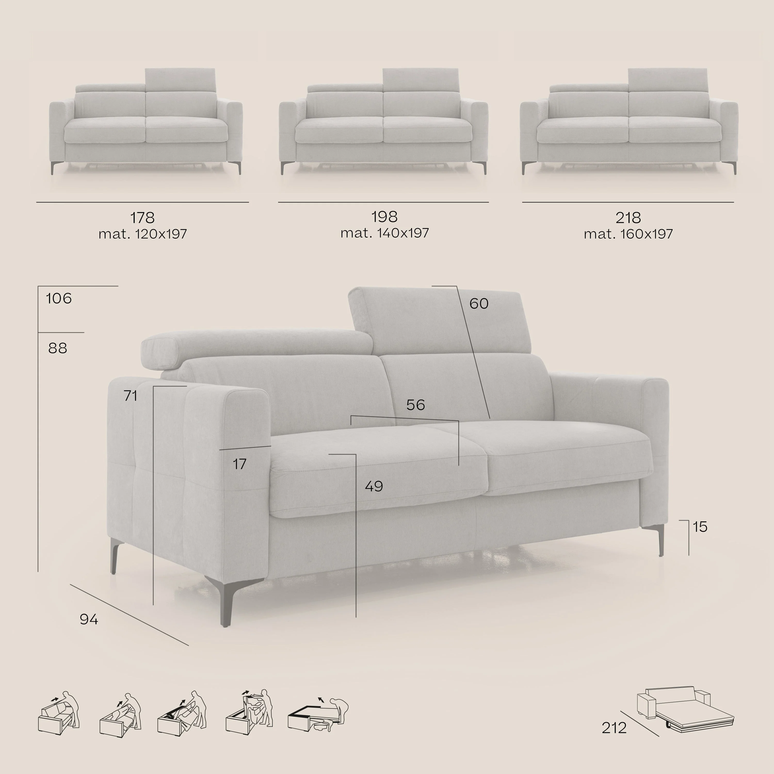 Gardenia canapé convertible matelas H 18cm avec têtières réglables et revêtement imperméable T02 gris clair - Image 11
