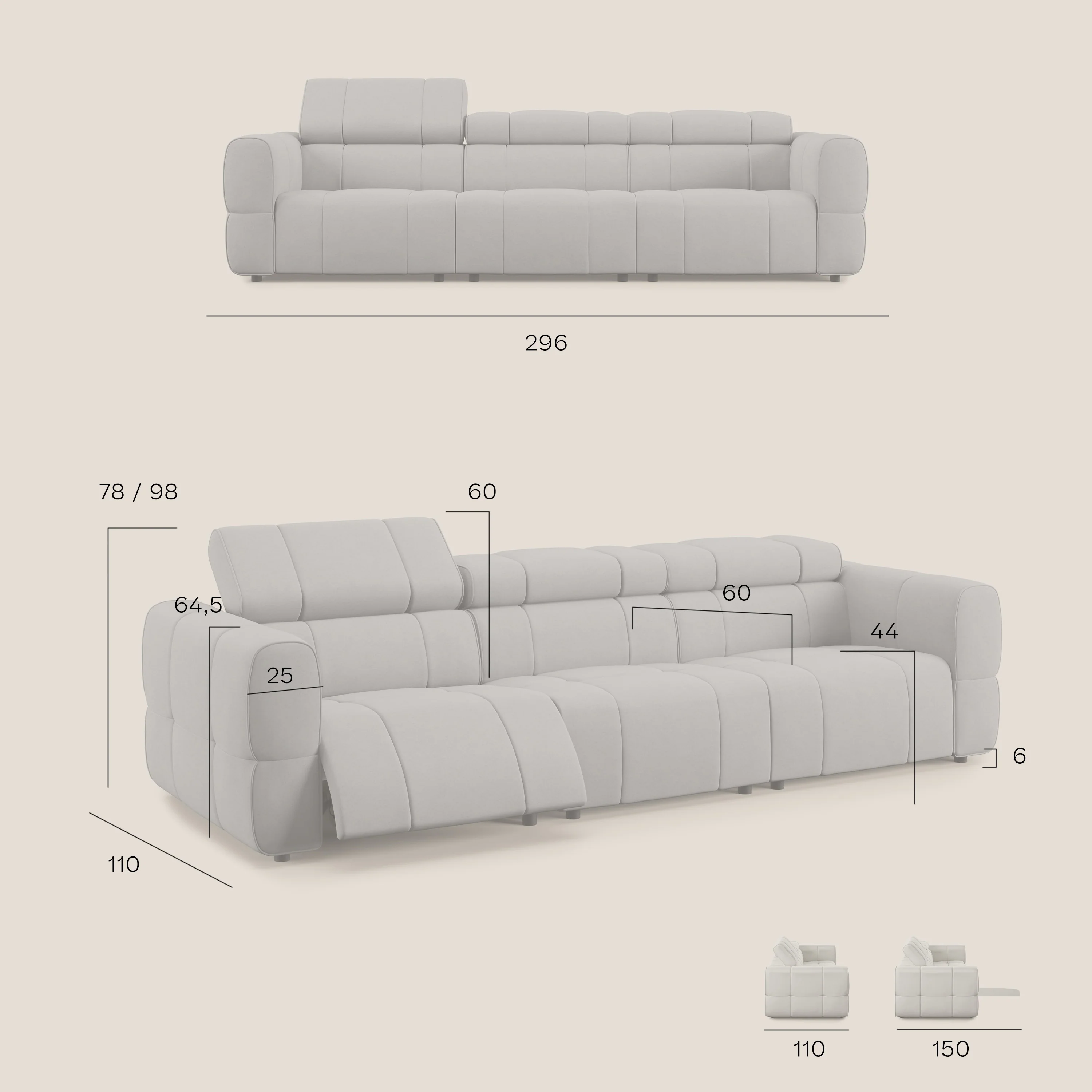 Giotto Canapé modulaire à  3 assises avec option relax électrique en microfibre imperméable effet velours T09 bleu gris - Image 10