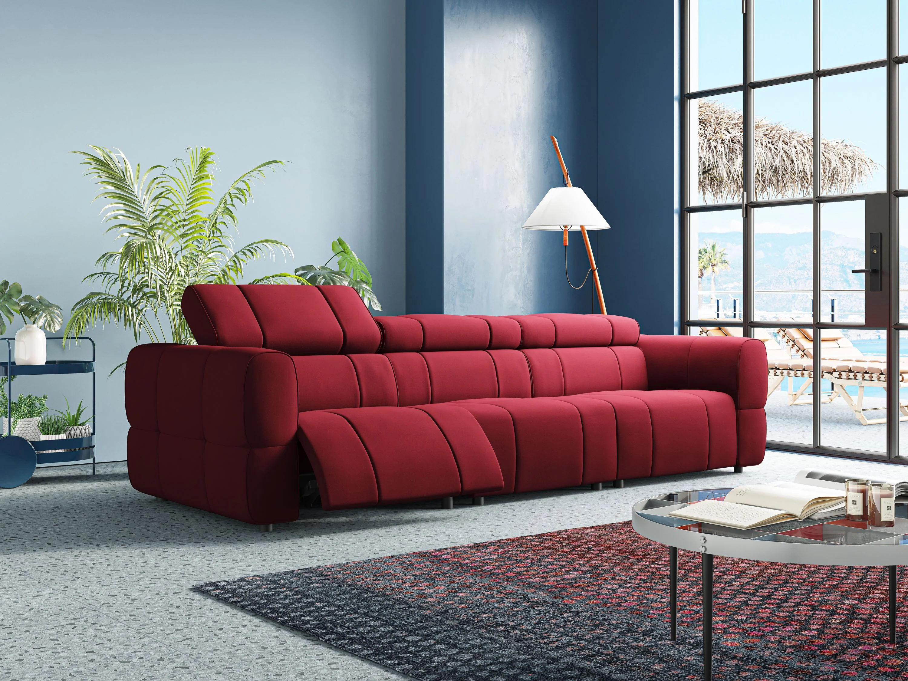 Giotto Canapé modulaire à  3 assises avec option relax électrique en microfibre imperméable effet velours T09 rouge - Image 2