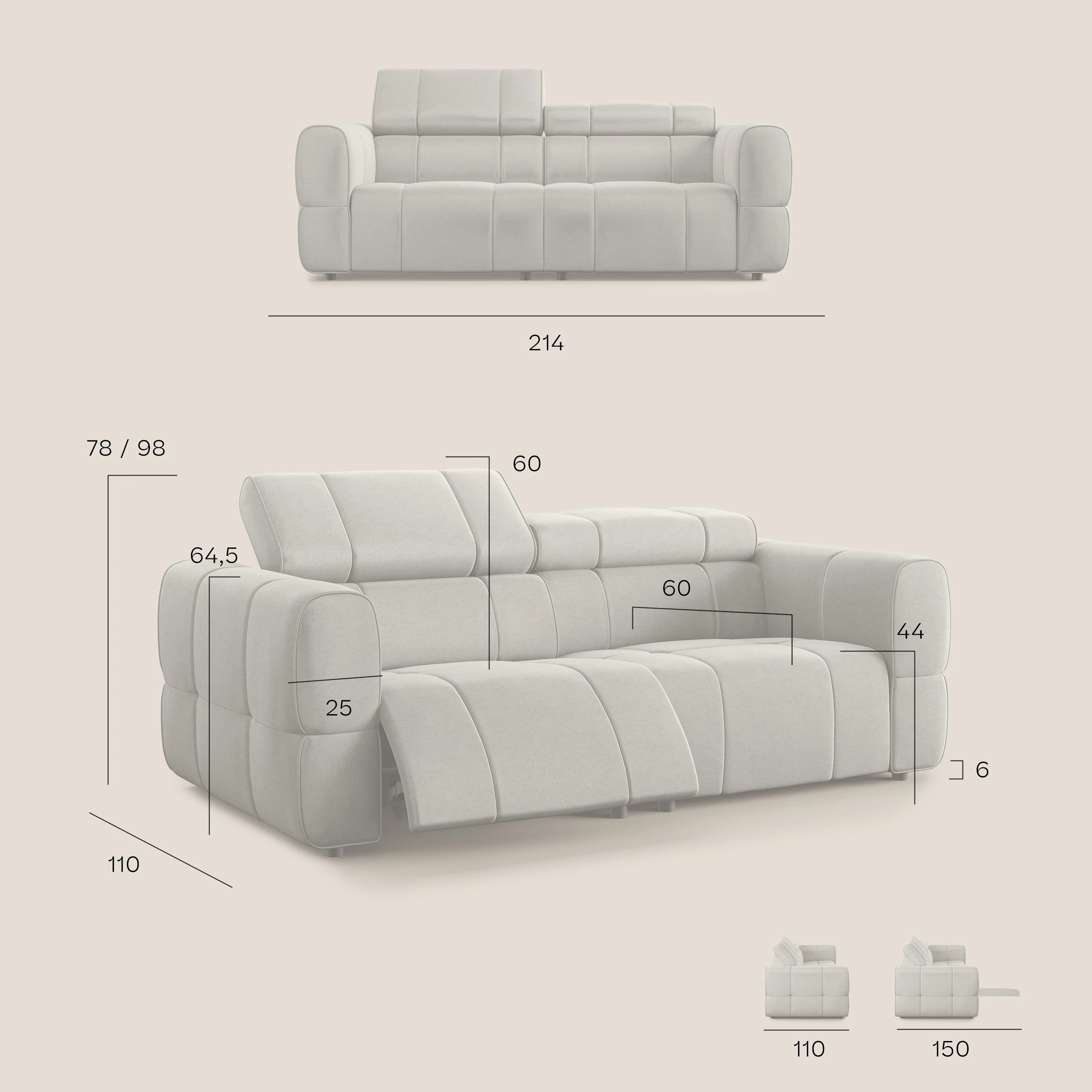 Giotto Canapé modulaire avec option relax électrique en microfibre imperméable effet velours T09 gris clair - Image 10