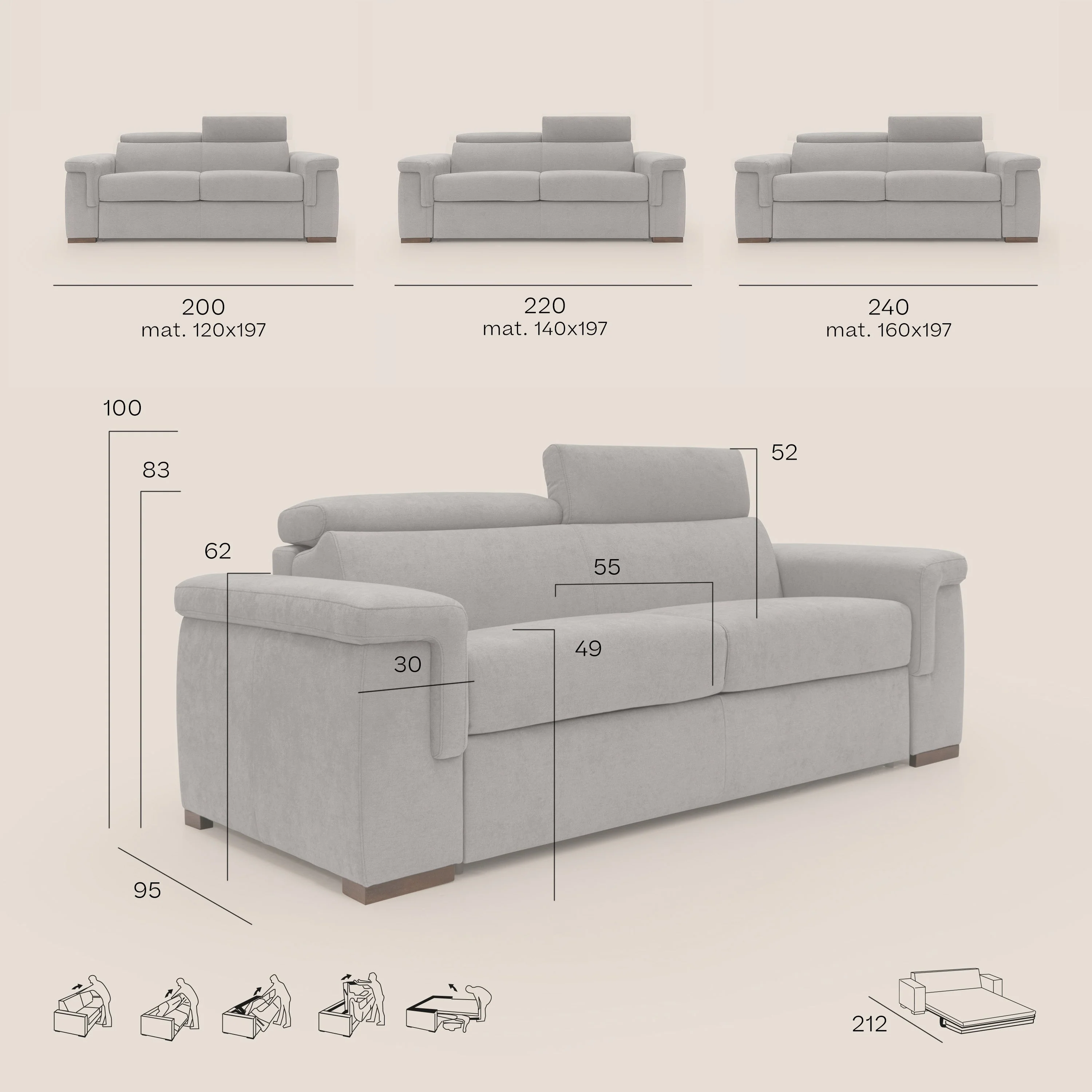 Giunone canapé convertible avec matelas de 18 cm et têtières inclinables en tissu imperméable T02 bleu - Image 13