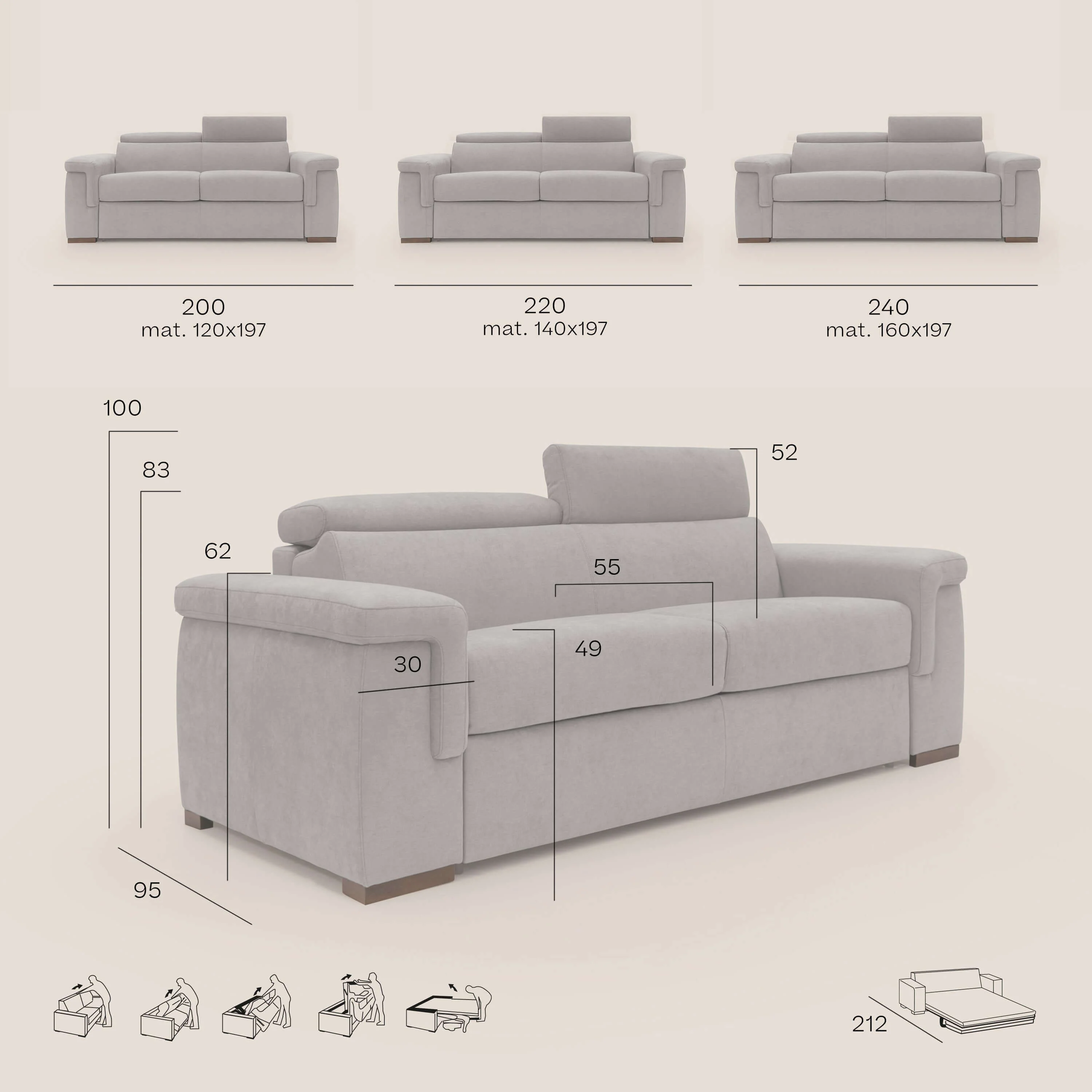 Giunone canapĂ© convertible avec matelas de 18 cm et tĂȘtiĂšres inclinables en tissu impermĂ©able T02 crĂšme - Image 14