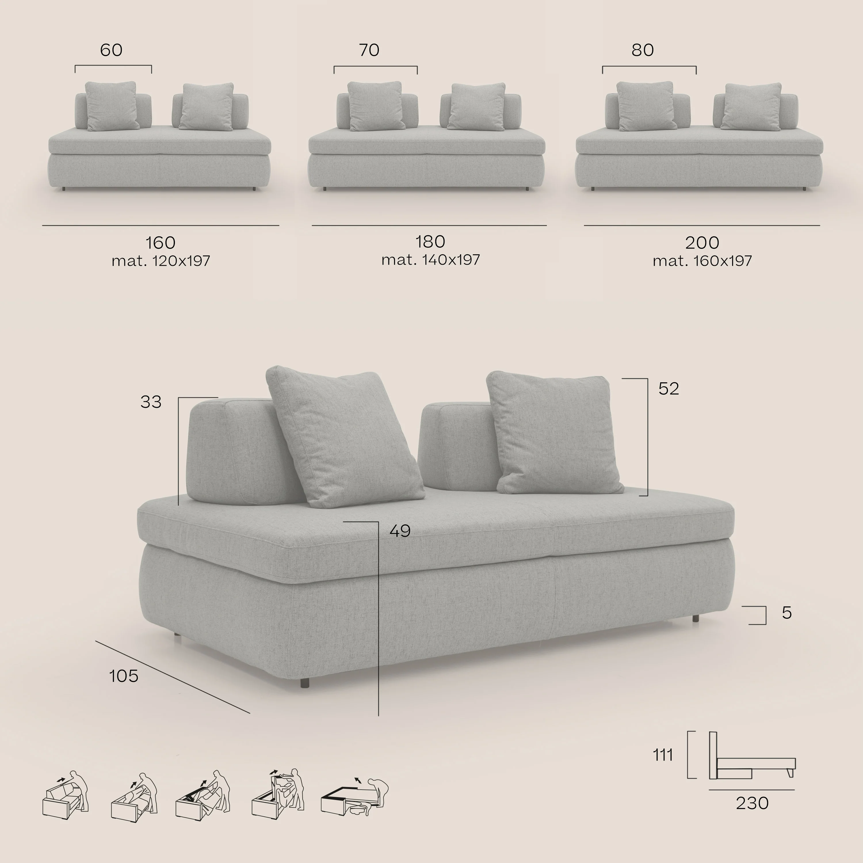 GRANSASSO Canapé convertible au design innovant en tissu imperméable T03 gris clair - Image 14