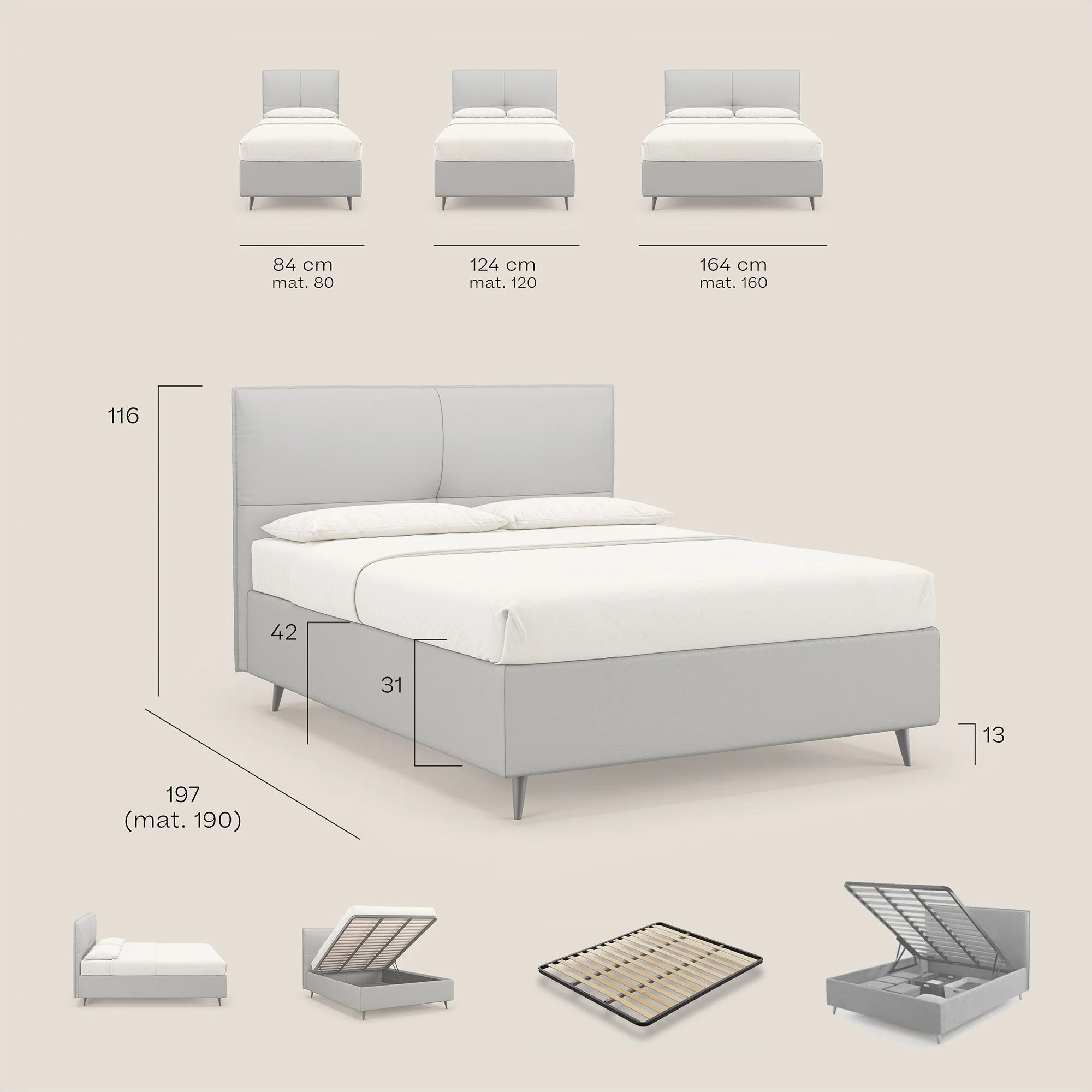 Greta lit coffre aux dimensions SLIM avec tête de lit matelassée en similicuir imperméable T04 beige - Image 9