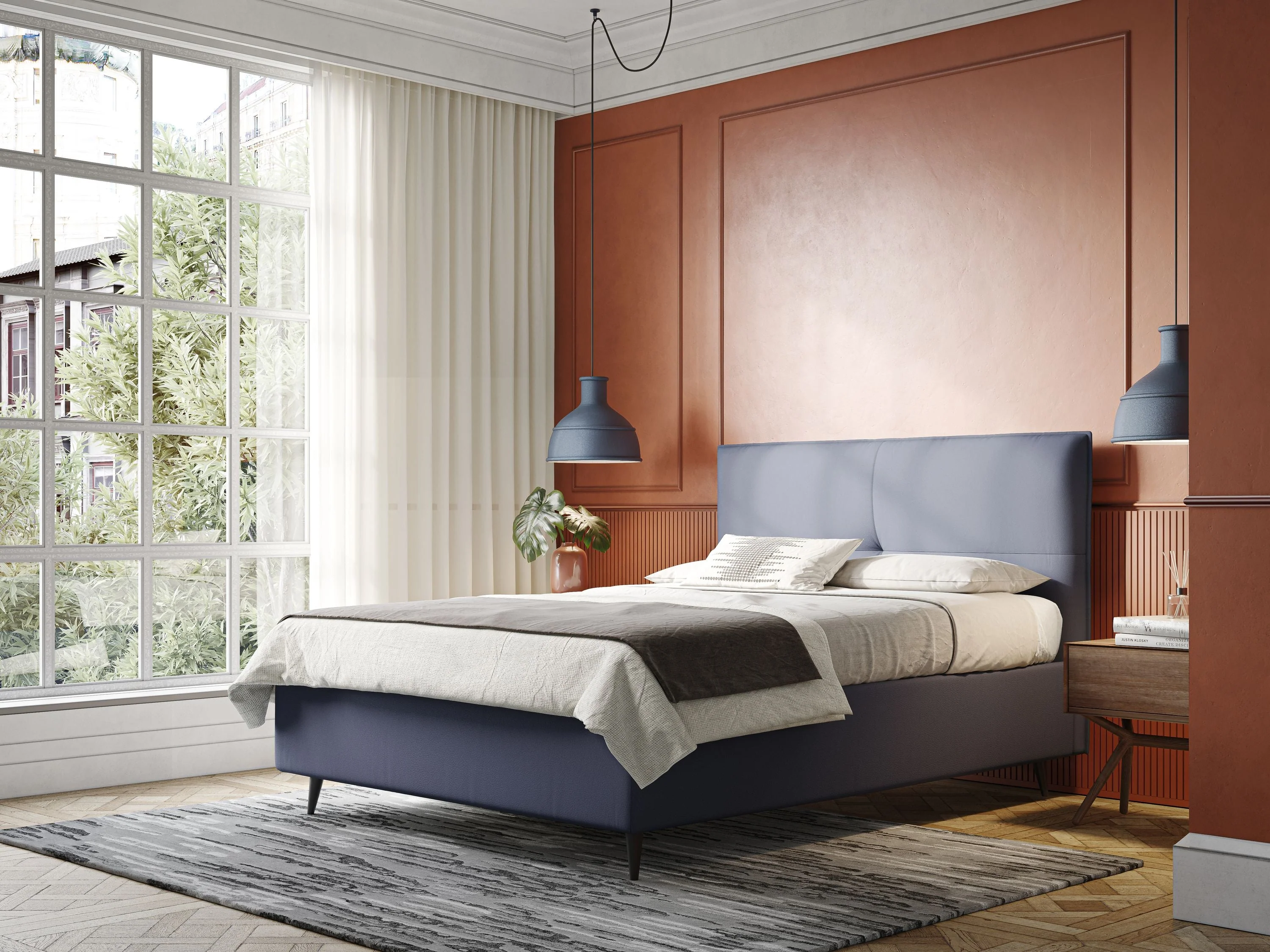 Greta lit coffre aux dimensions SLIM avec tête de lit matelassée en similicuir imperméable T04 bleu - Image 2