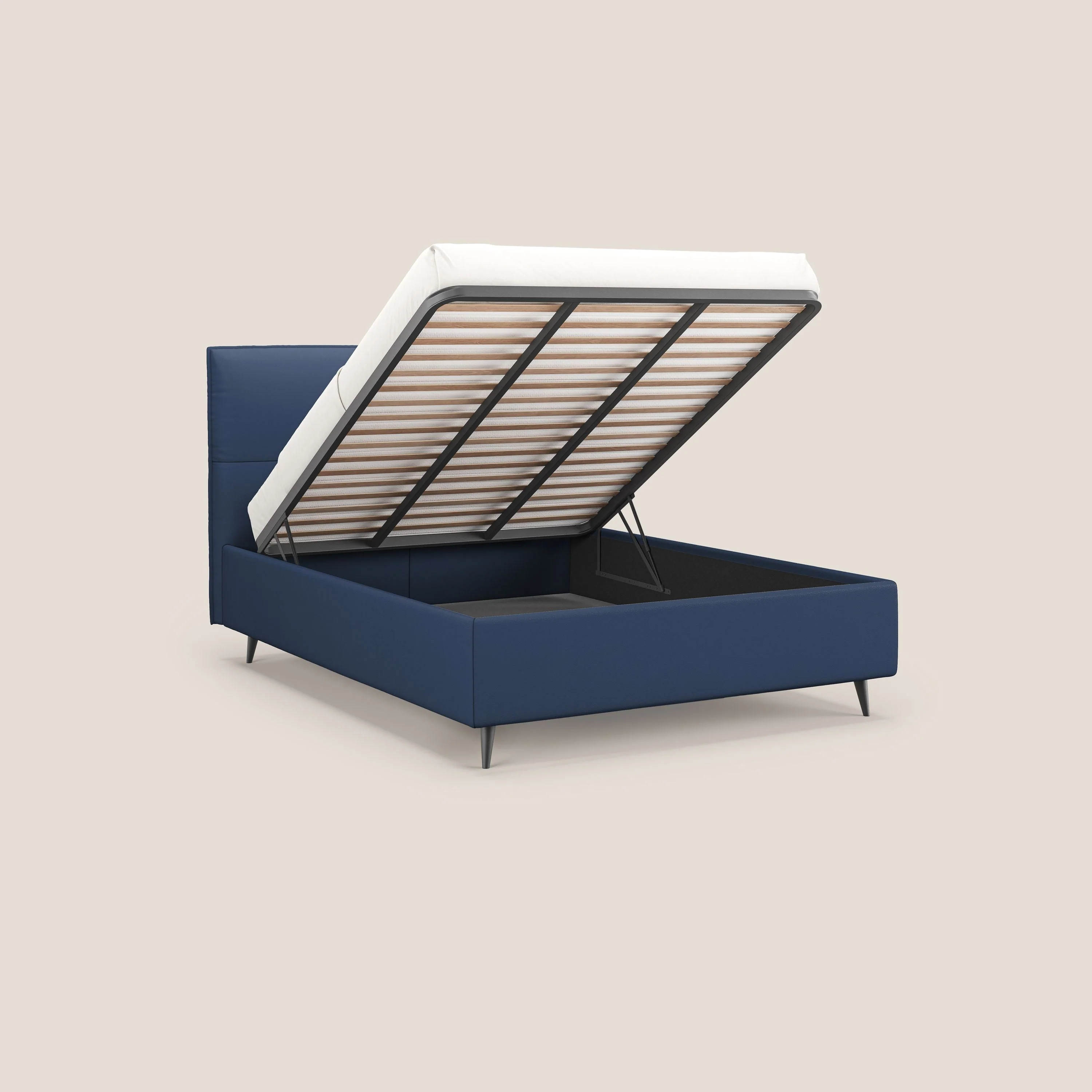Greta lit coffre aux dimensions SLIM avec tête de lit matelassée en similicuir imperméable T04 bleu - Image 4