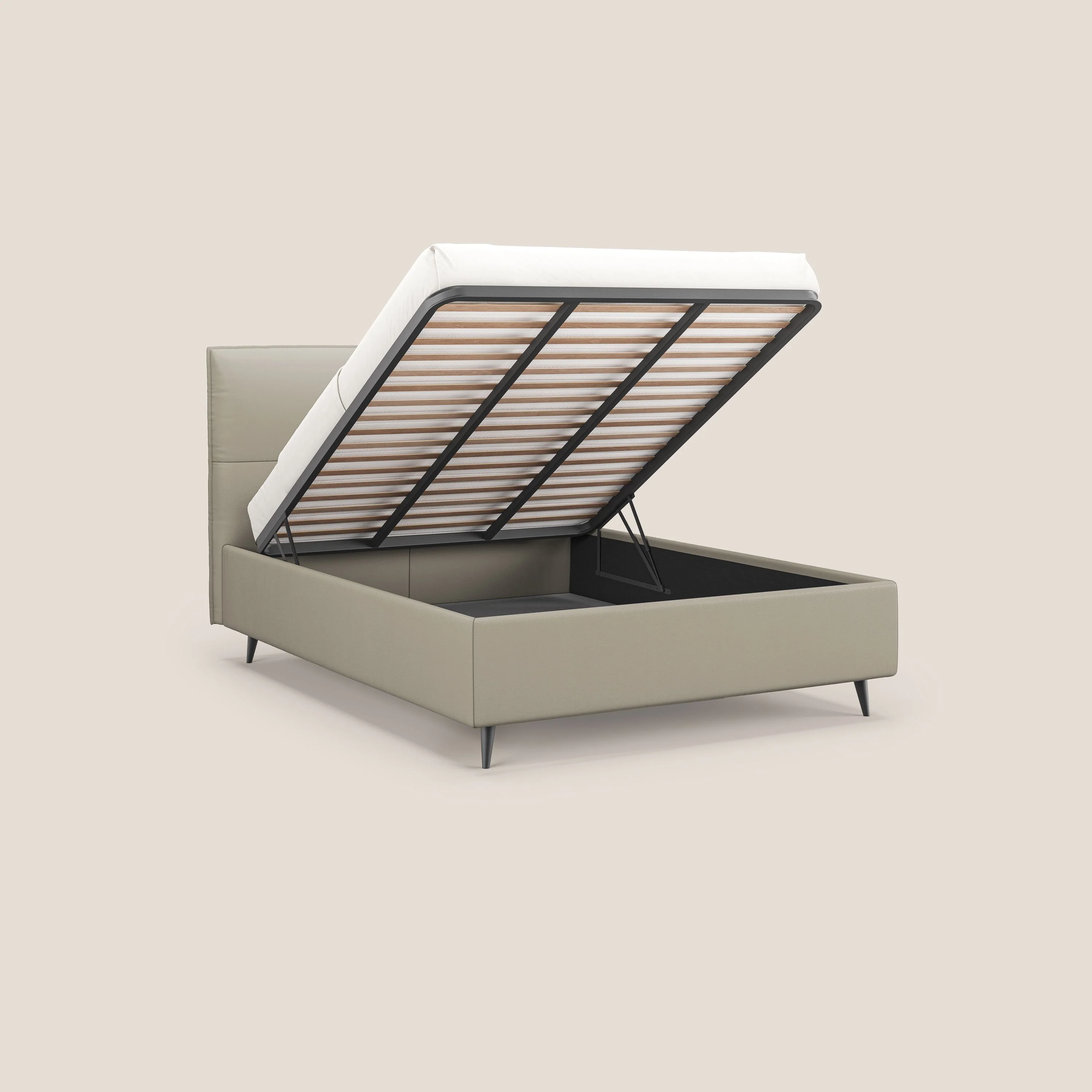 Greta lit coffre aux dimensions SLIM avec tête de lit matelassée en similicuir imperméable T04 Taupe tortora - Image 2