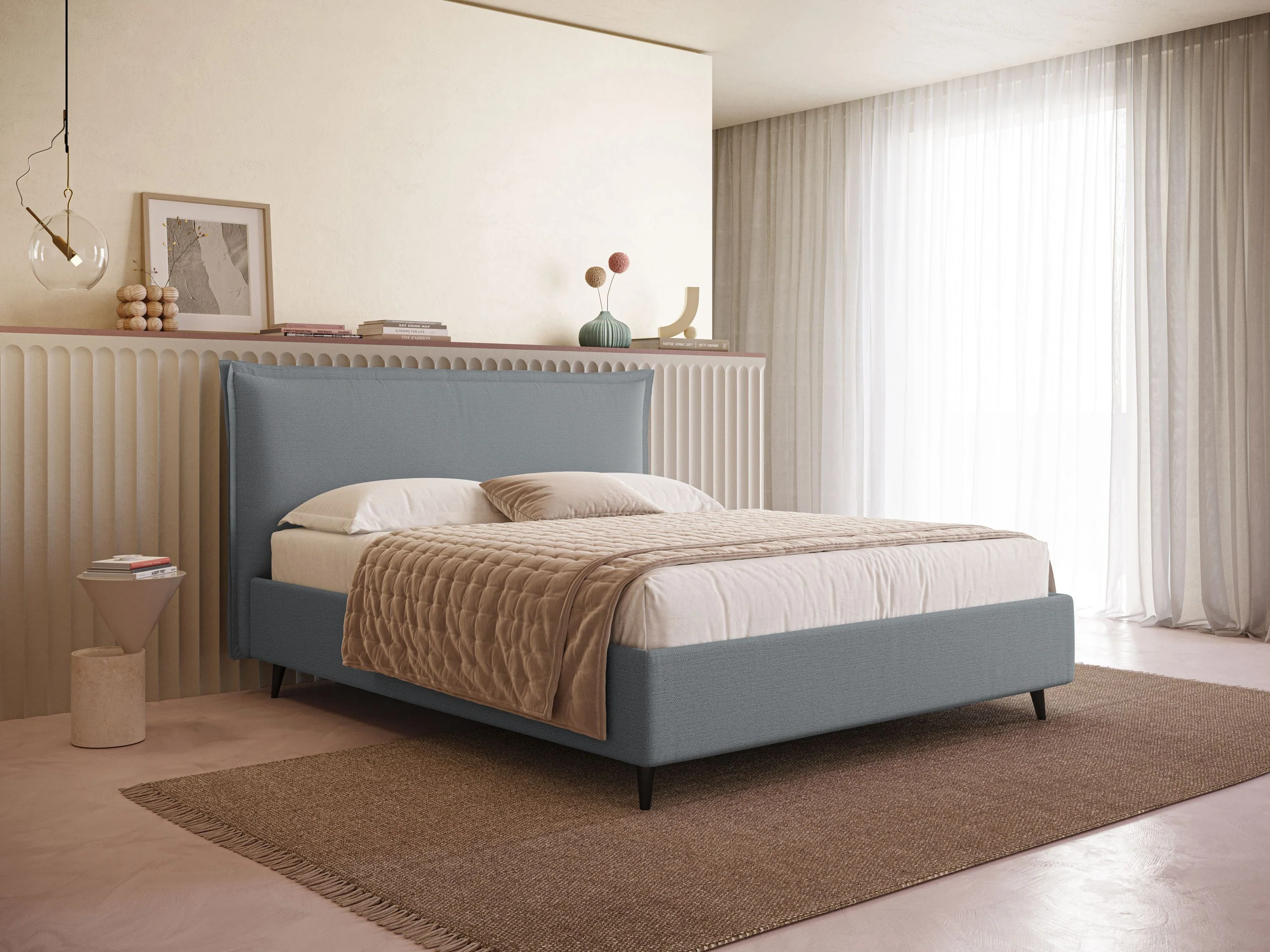 Hans lit rembourré avec coffre au style minimaliste en tissu imperméable T19 bleu gris - Image 2