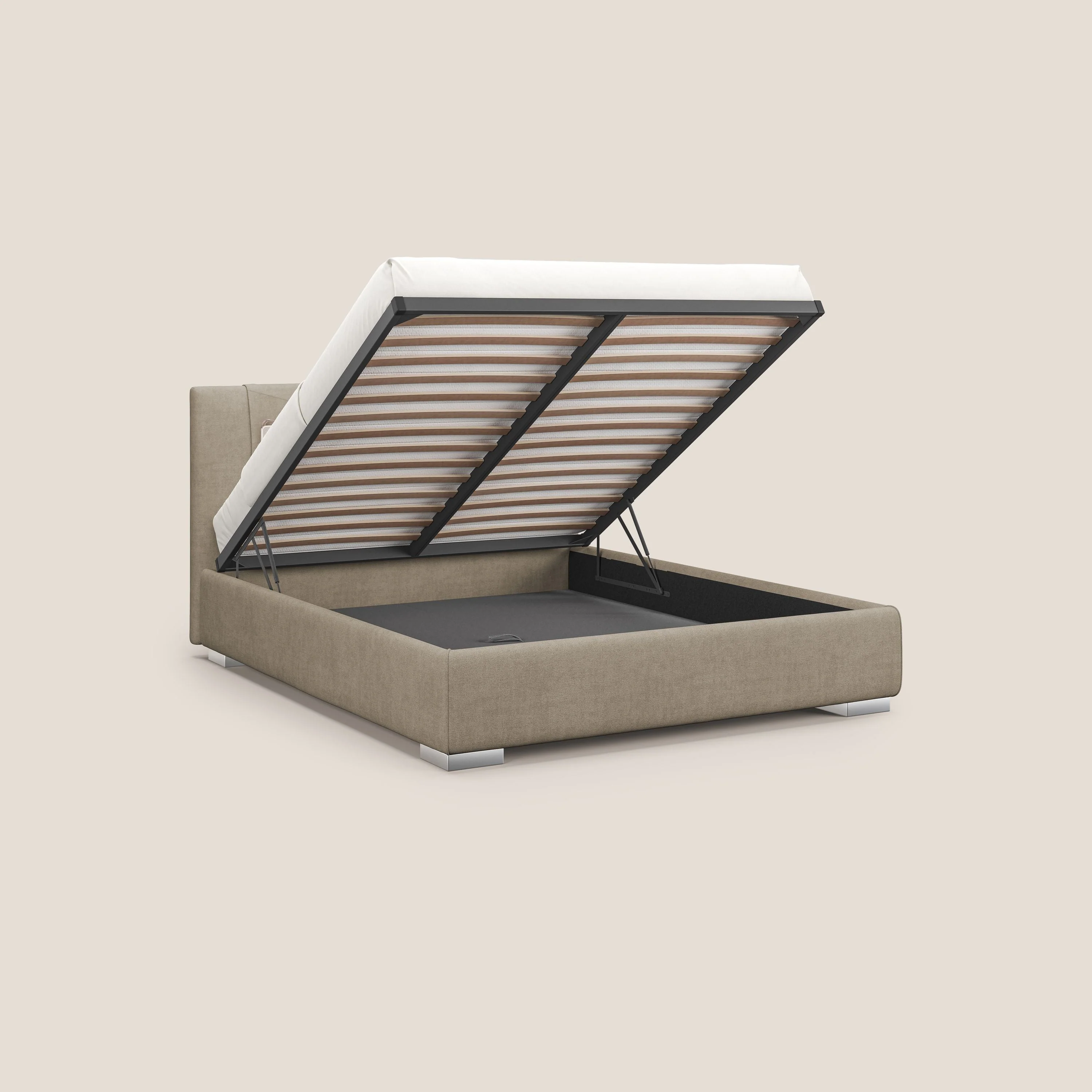 Horus lit rembourré avec coffre et prise USB sur la tête de lit en tissu imperméable T02 beige - Image 2