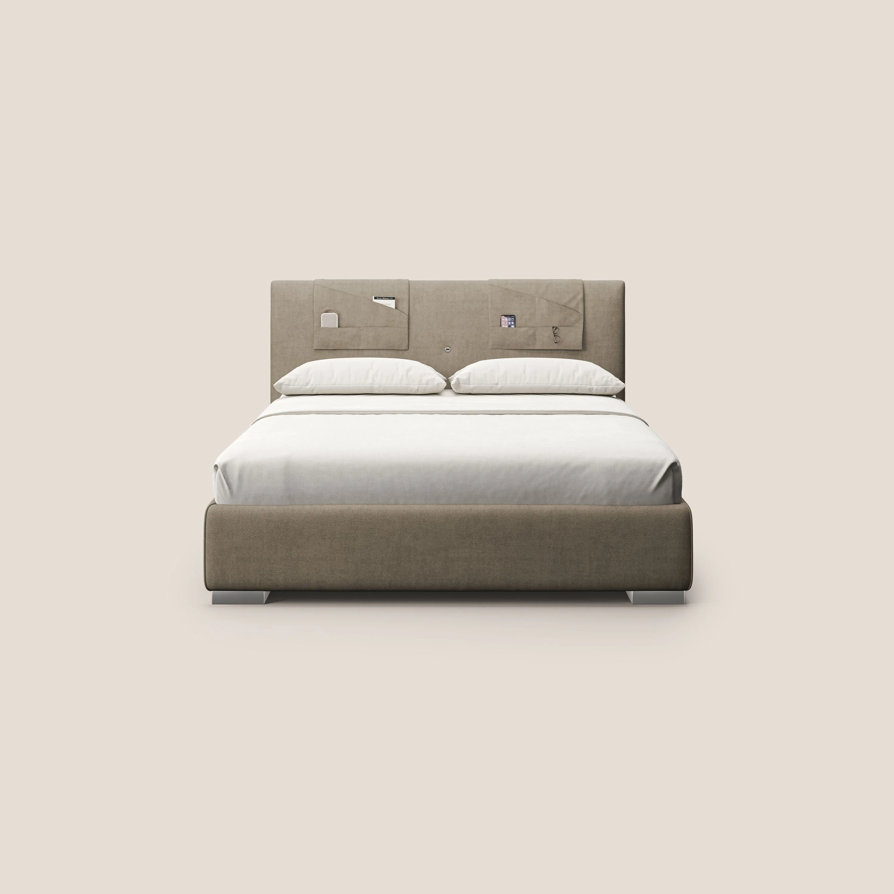 Horus lit rembourré avec coffre et prise USB sur la tête de lit en tissu imperméable T02 beige - Image 3