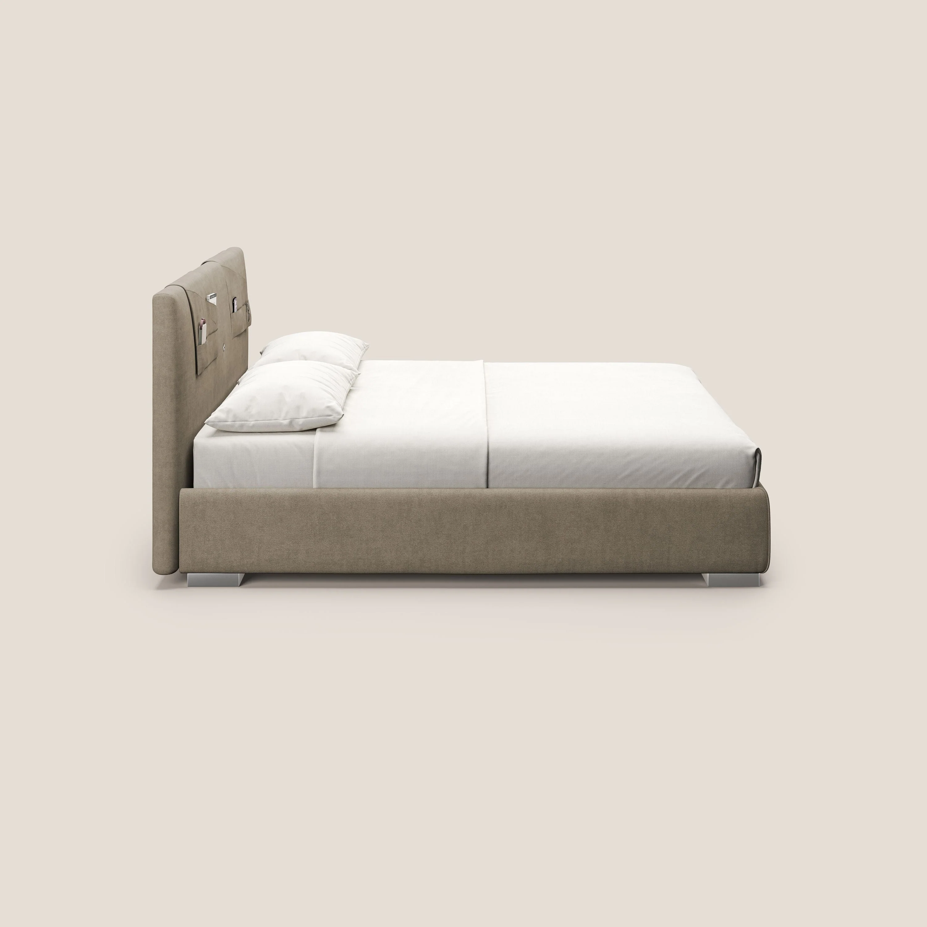 Horus lit rembourré avec coffre et prise USB sur la tête de lit en tissu imperméable T02 beige - Image 5