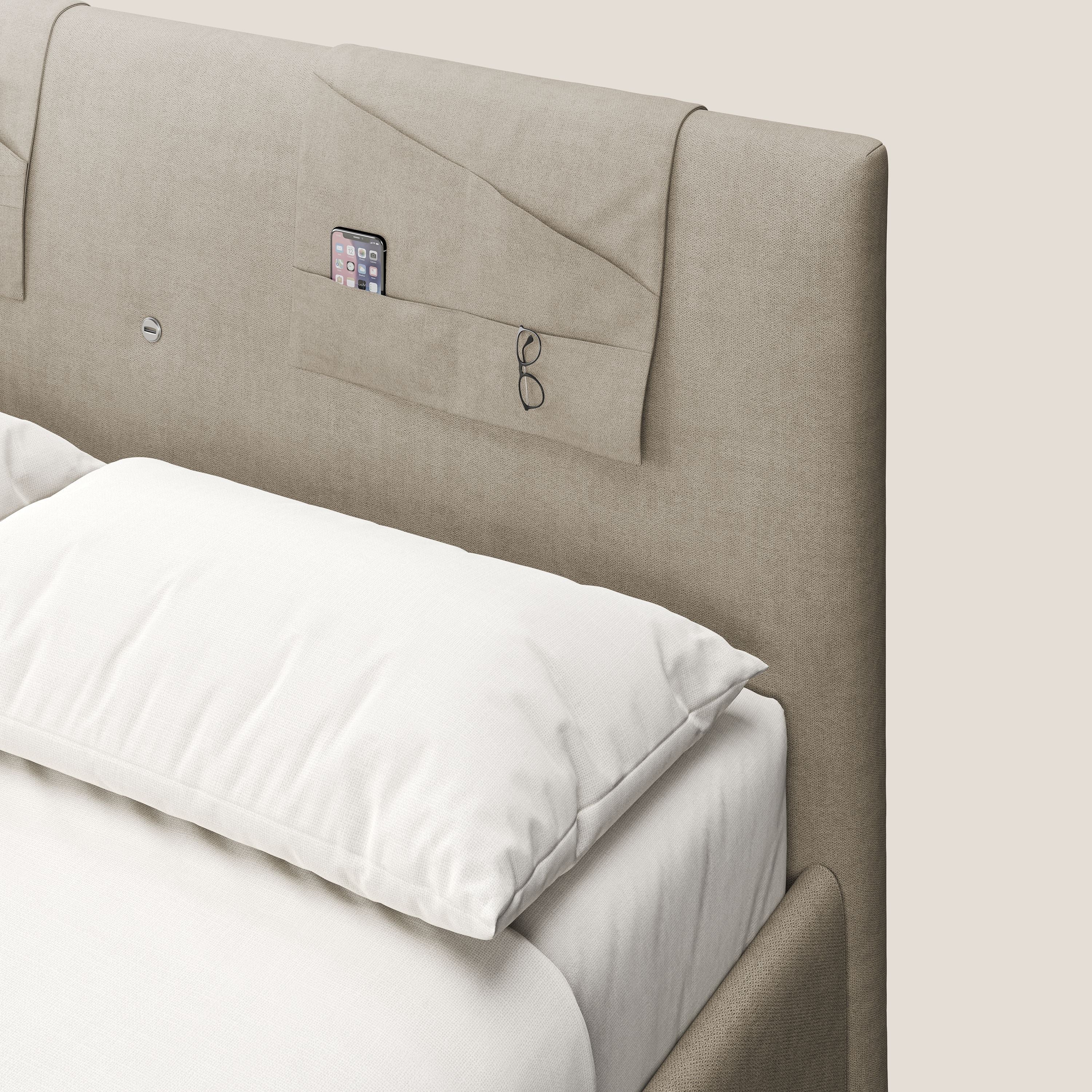 Horus lit rembourré avec coffre et prise USB sur la tête de lit en tissu imperméable T02 beige - Image 7
