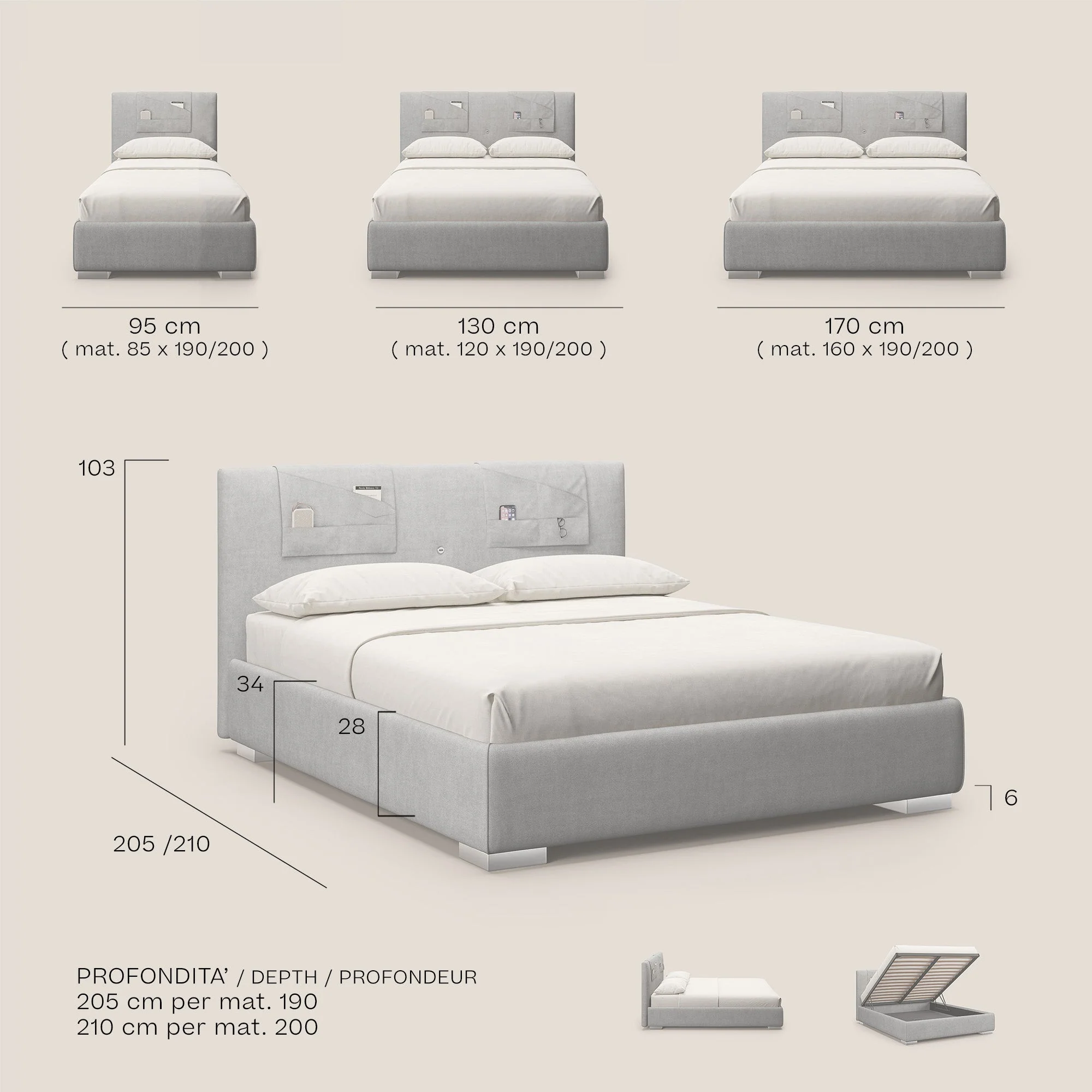 Horus lit rembourré avec coffre et prise USB sur la tête de lit en tissu imperméable T02 beige - Image 9