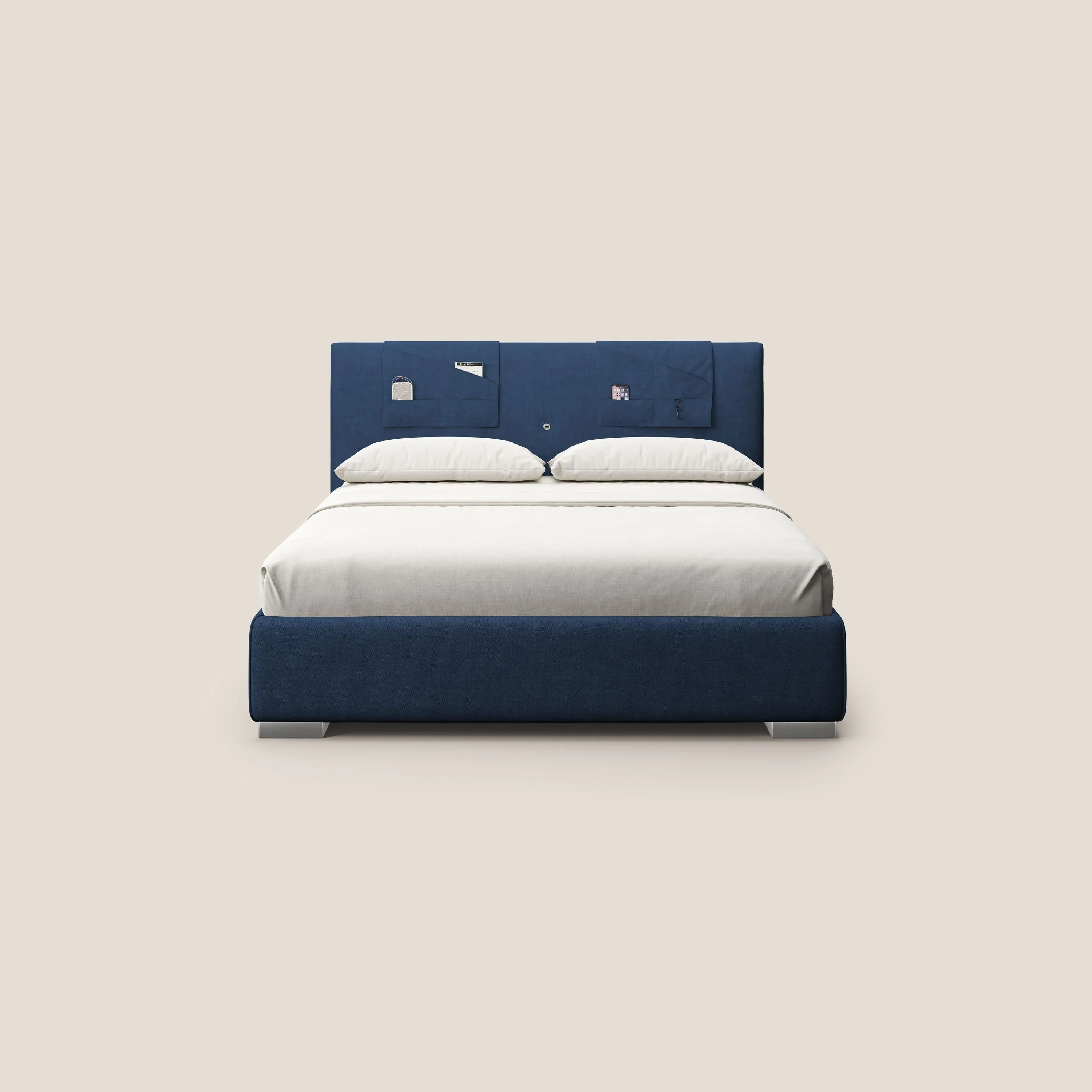 Horus lit rembourré avec coffre et prise USB sur la tête de lit en tissu imperméable T02 bleu - Image 3