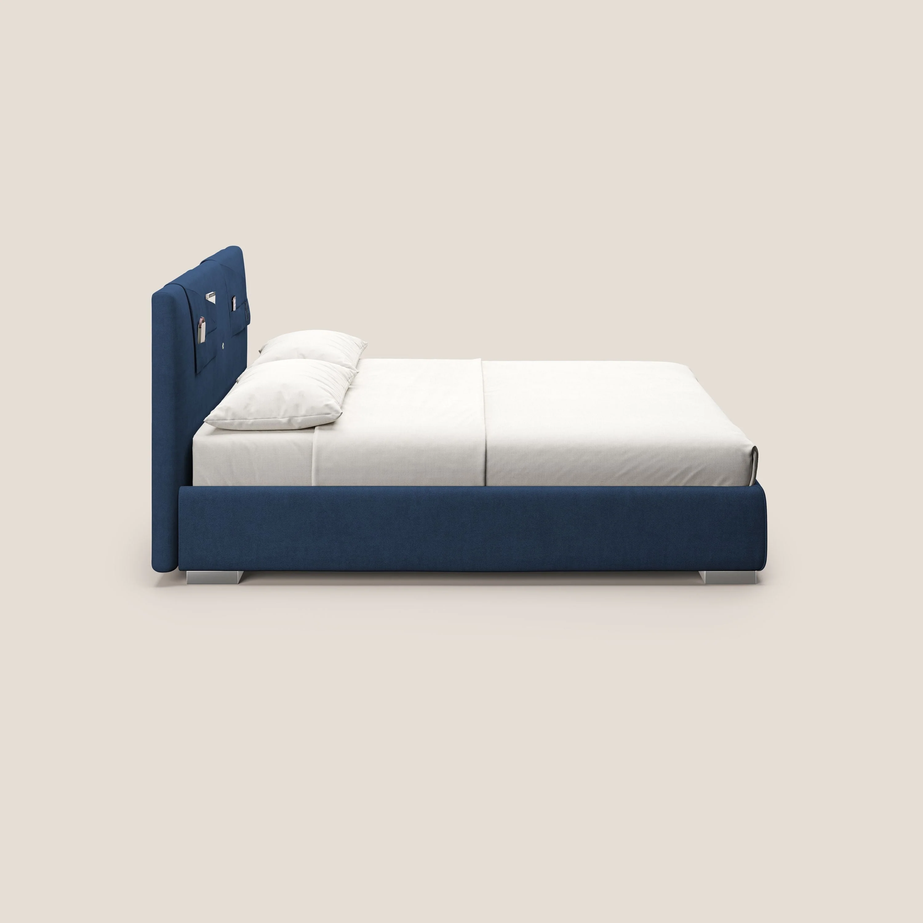 Horus lit rembourré avec coffre et prise USB sur la tête de lit en tissu imperméable T02 bleu - Image 5