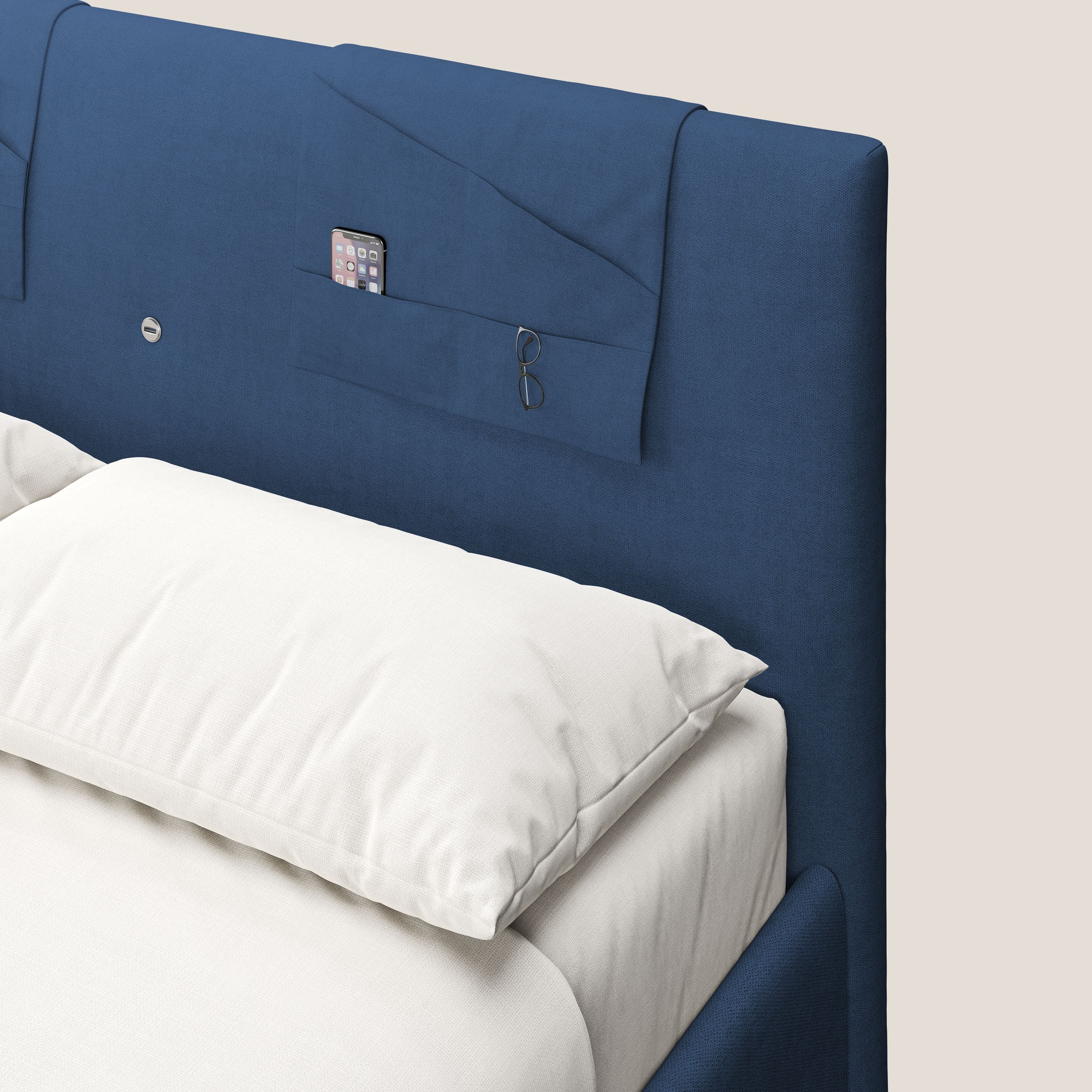 Horus lit rembourré avec coffre et prise USB sur la tête de lit en tissu imperméable T02 bleu - Image 7