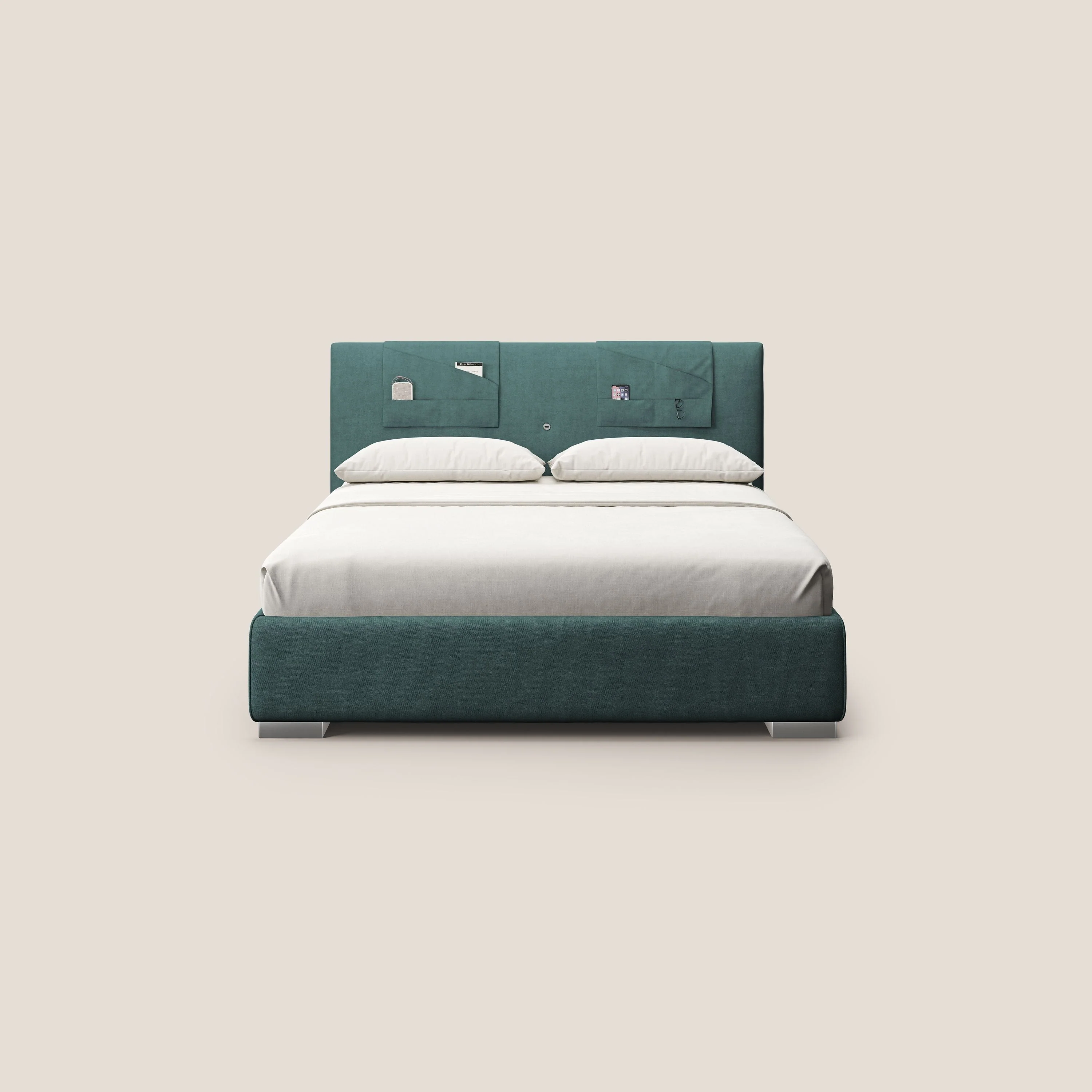 Horus lit rembourré avec coffre et prise USB sur la tête de lit en tissu imperméable T02 bleu canard - Image 3