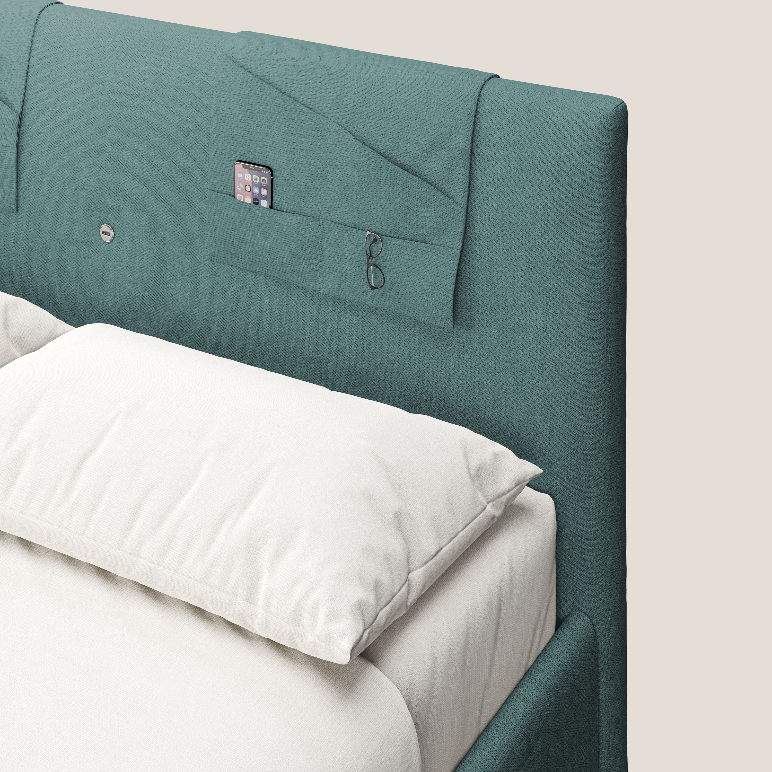 Horus lit rembourré avec coffre et prise USB sur la tête de lit en tissu imperméable T02 bleu canard - Image 7