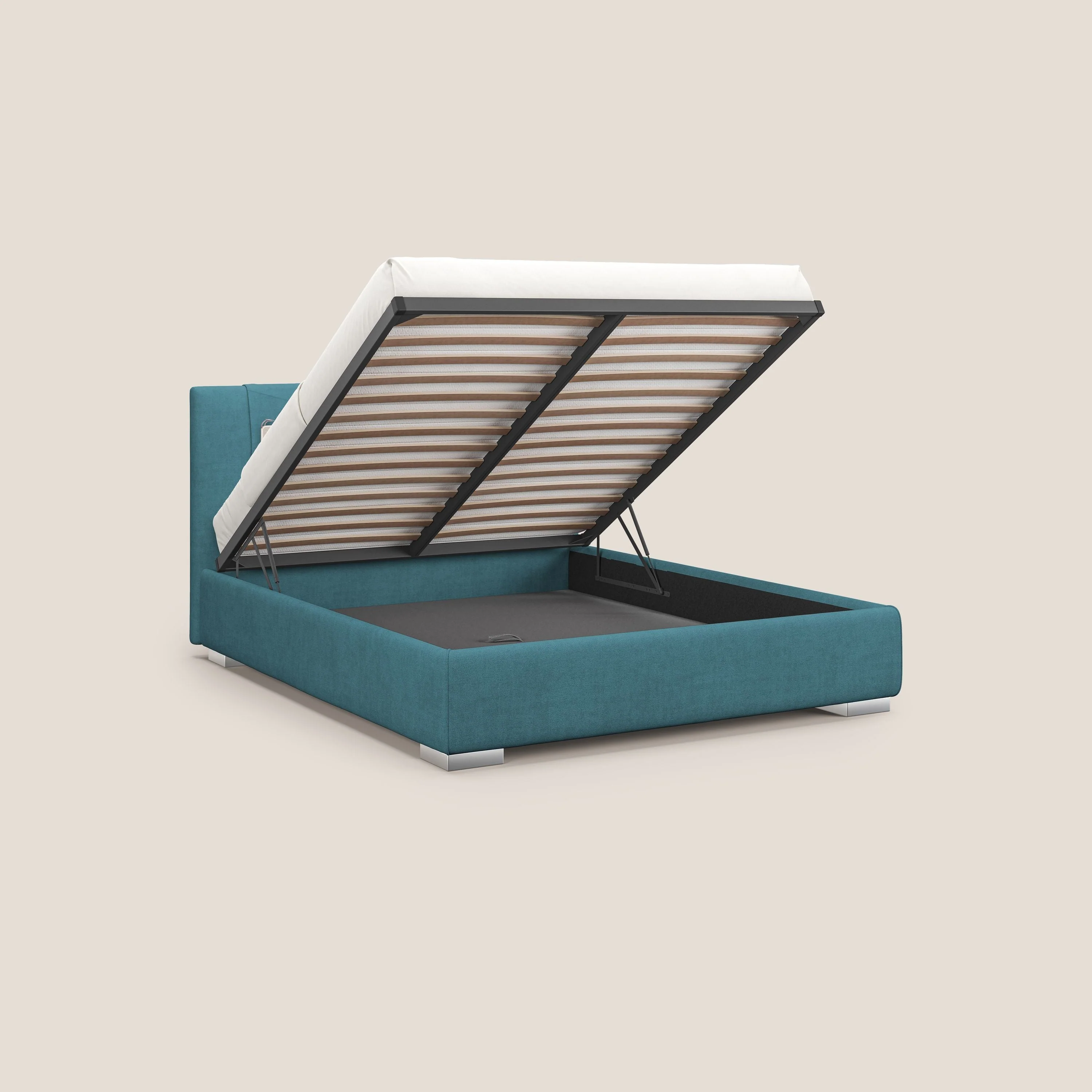 Horus lit rembourré avec coffre et prise USB sur la tête de lit en tissu imperméable T02 bleu clair - Image 2