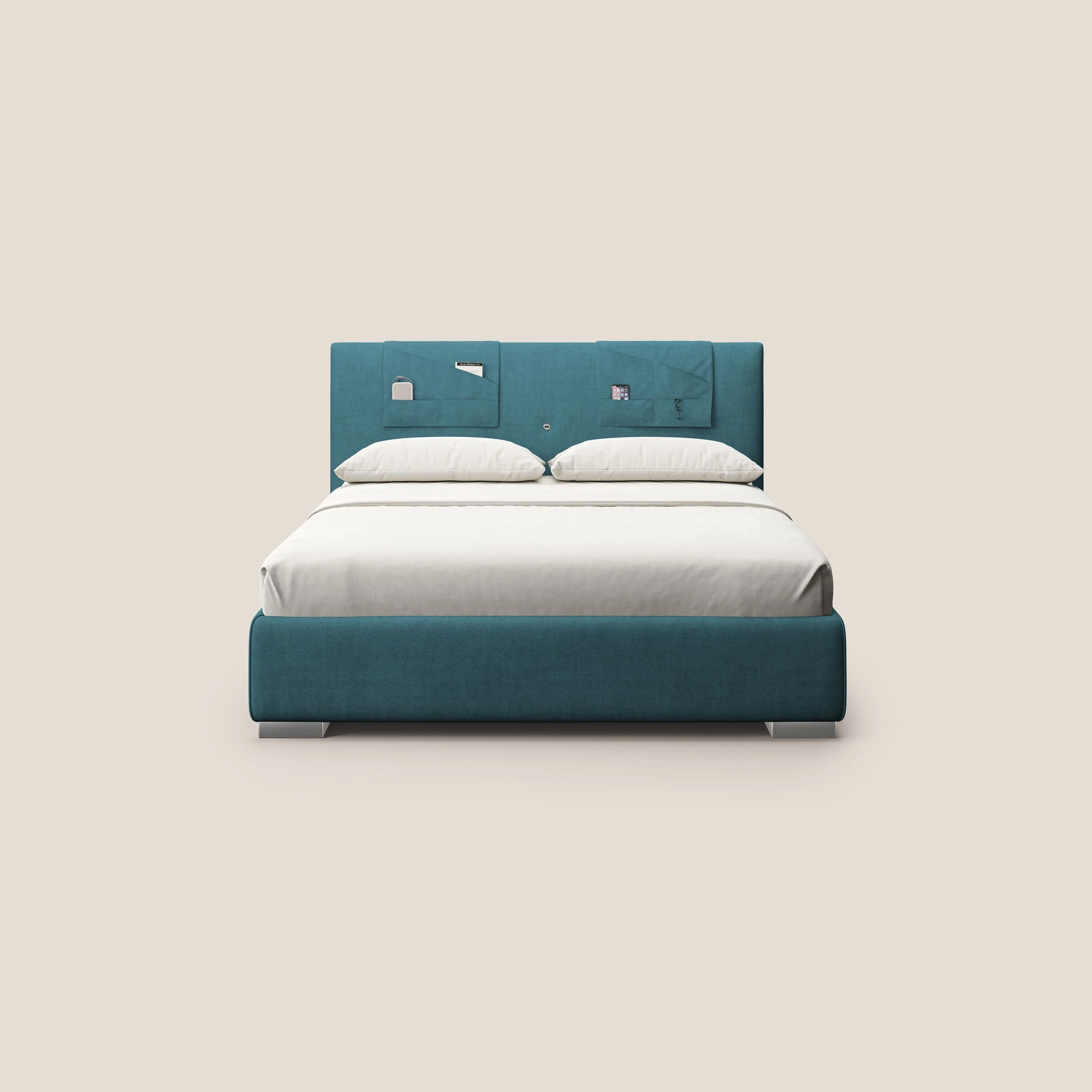 Horus lit rembourré avec coffre et prise USB sur la tête de lit en tissu imperméable T02 bleu clair - Image 3