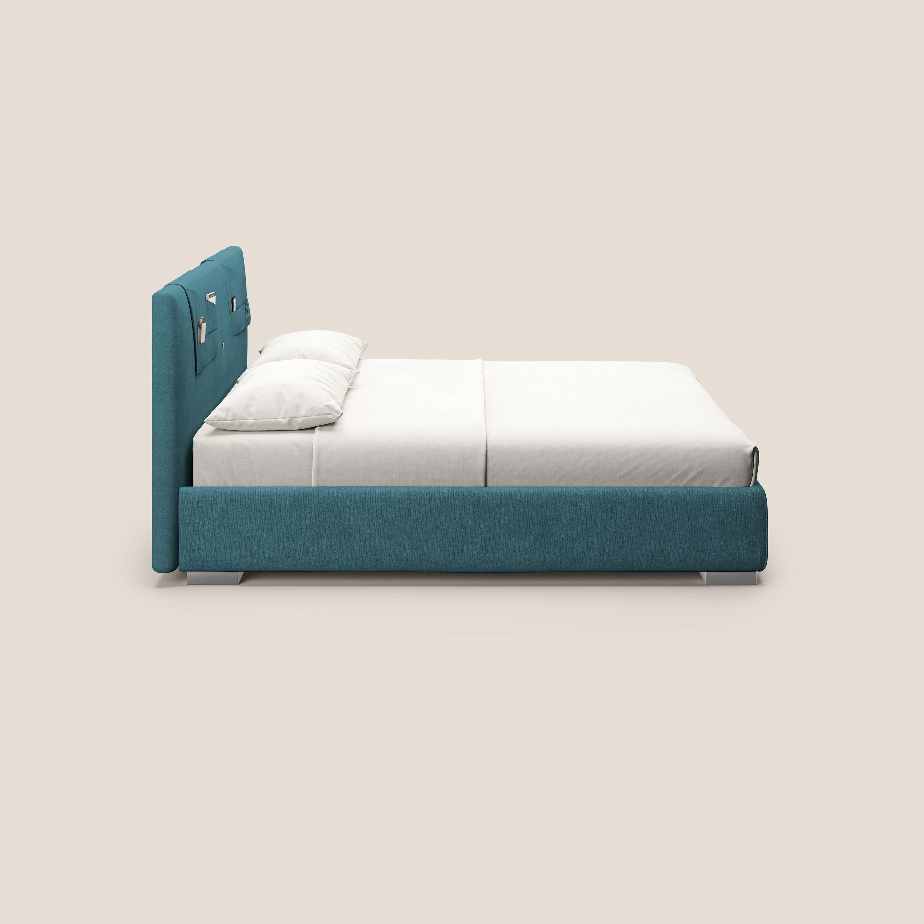 Horus lit rembourré avec coffre et prise USB sur la tête de lit en tissu imperméable T02 bleu clair - Image 5