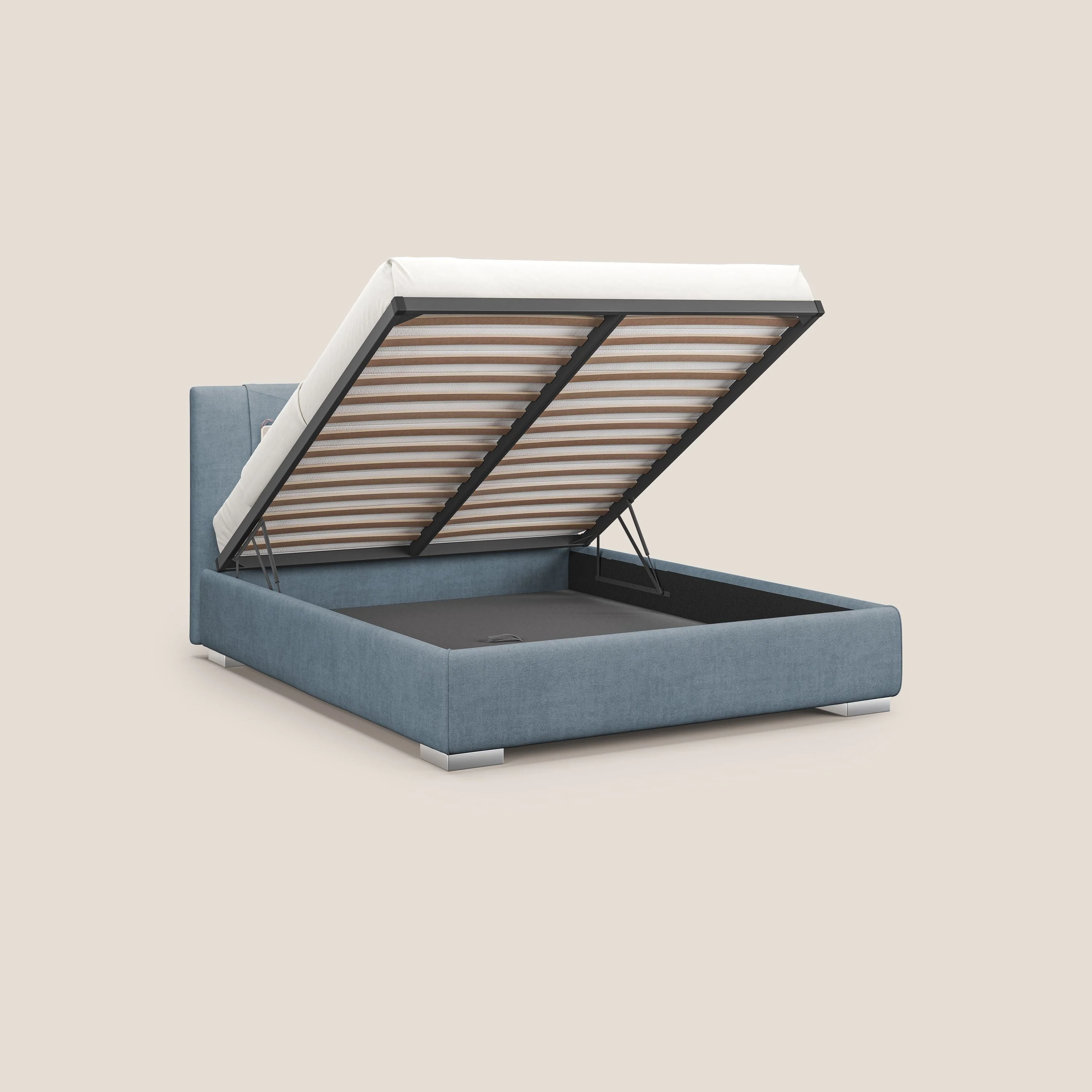 Horus lit rembourré avec coffre et prise USB sur la tête de lit en tissu imperméable T02 bleu gris - Image 2