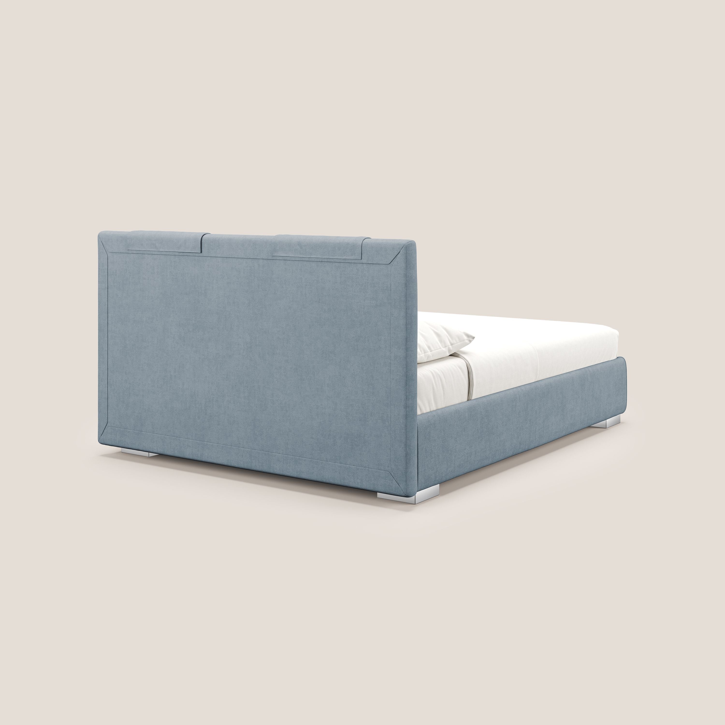 Horus lit rembourré avec coffre et prise USB sur la tête de lit en tissu imperméable T02 bleu gris - Image 6