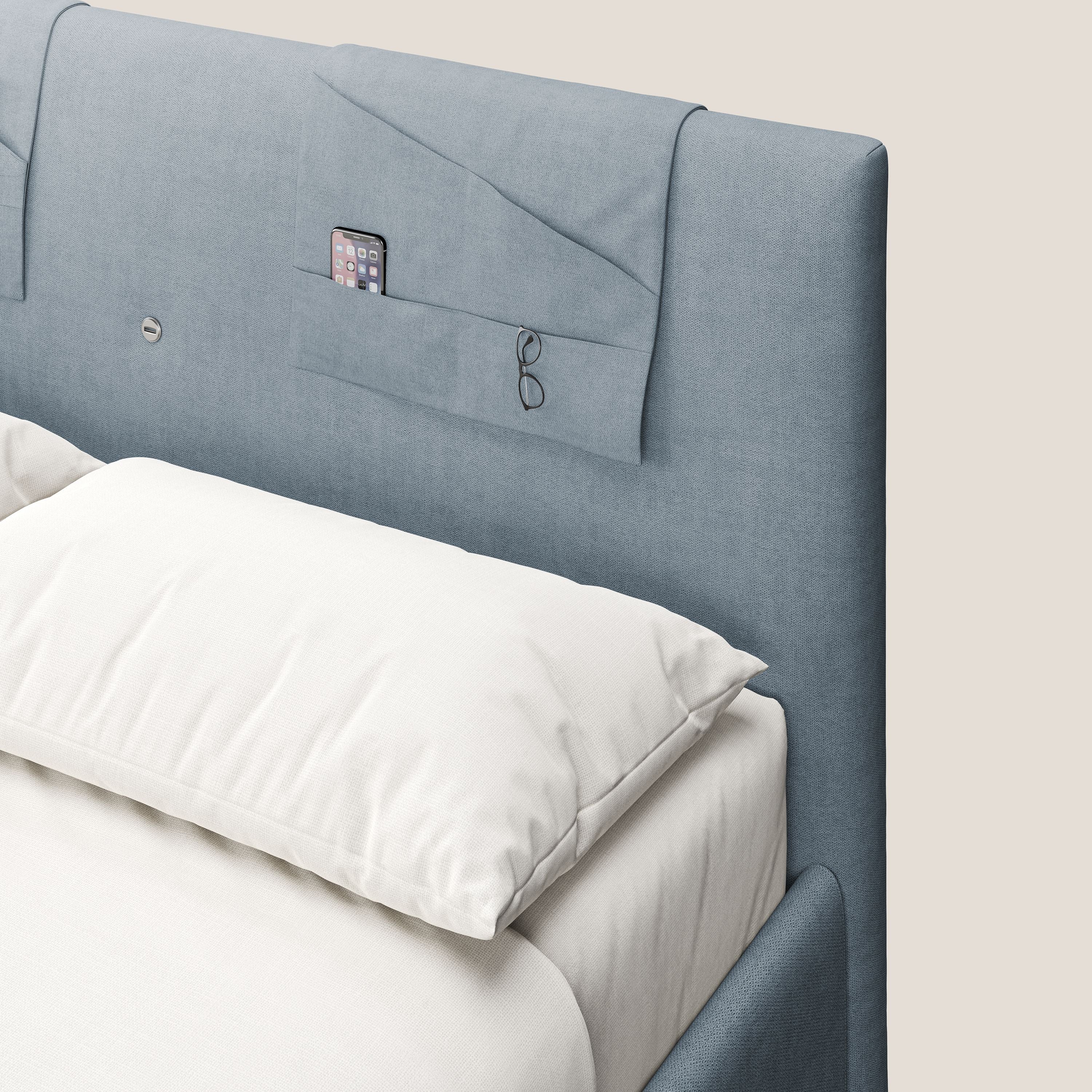 Horus lit rembourré avec coffre et prise USB sur la tête de lit en tissu imperméable T02 bleu gris - Image 7