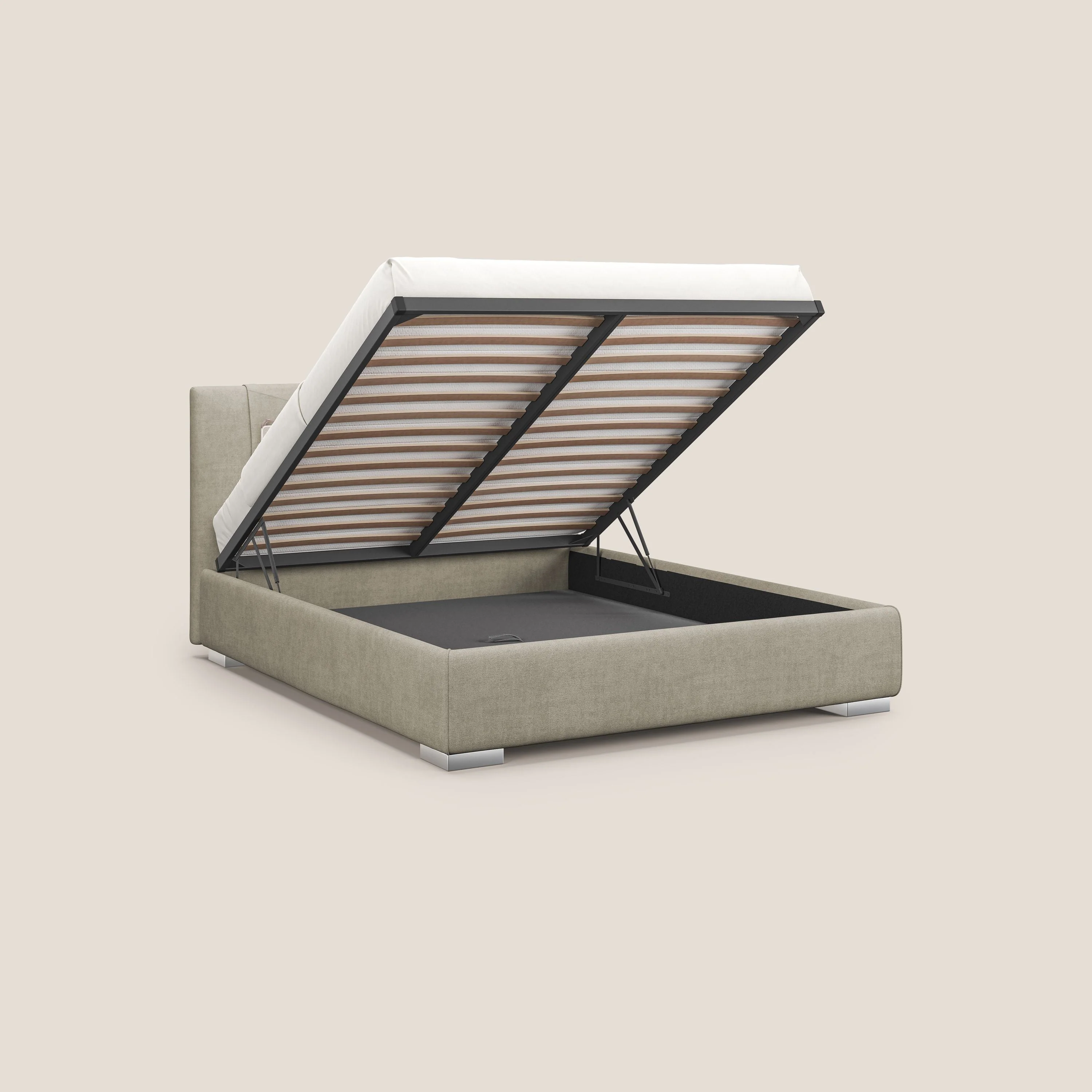 Horus lit rembourré avec coffre et prise USB sur la tête de lit en tissu imperméable T02 crème - Image 2