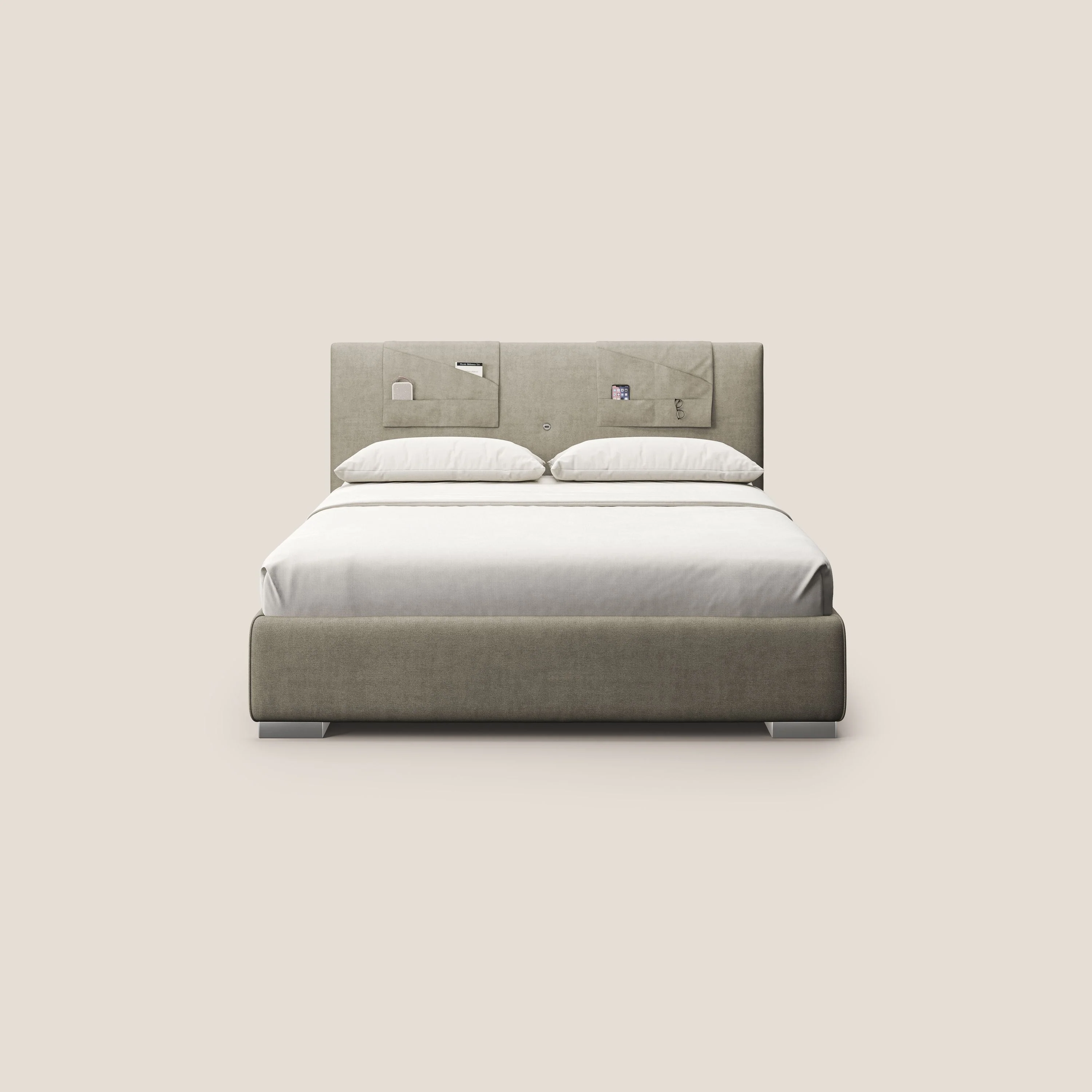 Horus lit rembourré avec coffre et prise USB sur la tête de lit en tissu imperméable T02 crème - Image 3